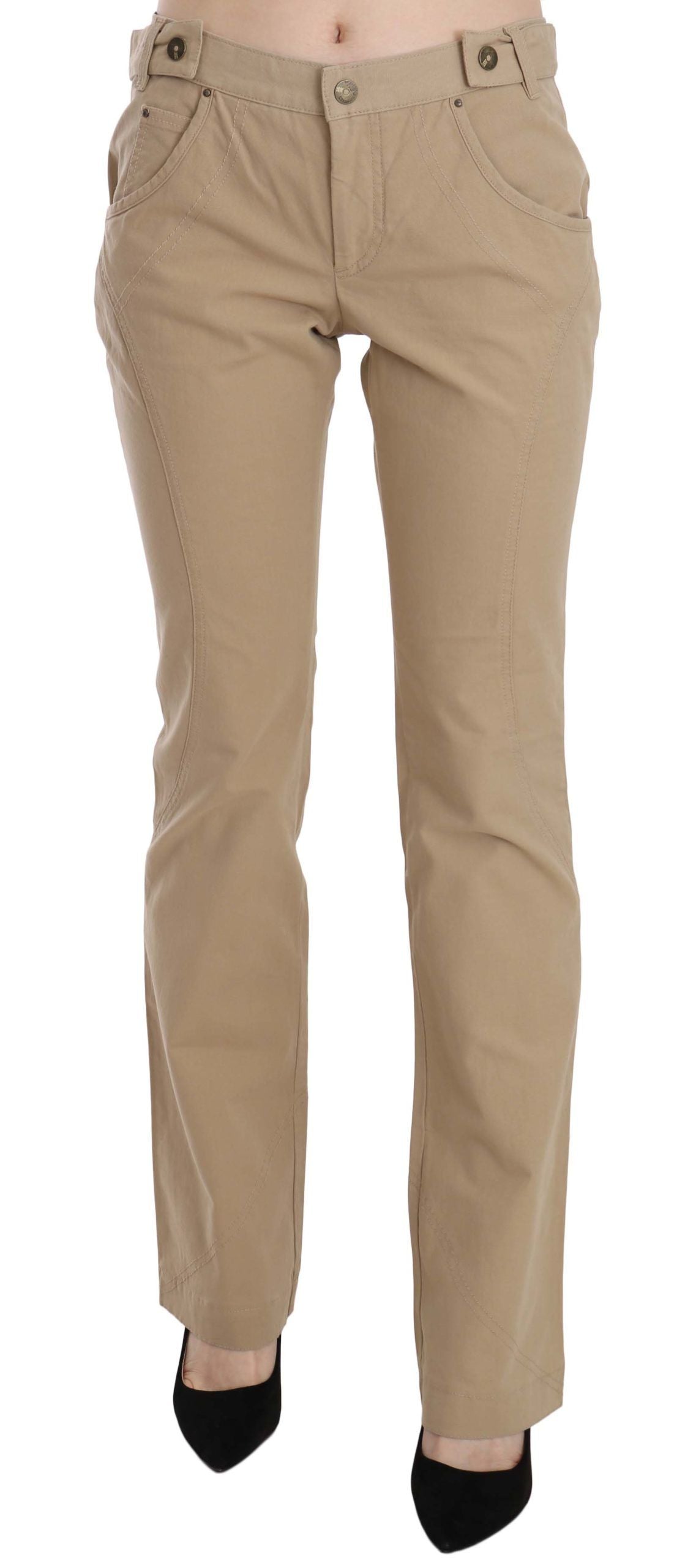 Just Cavalli Beige Cotton Mid Waist Straight Trousers Women's Pants