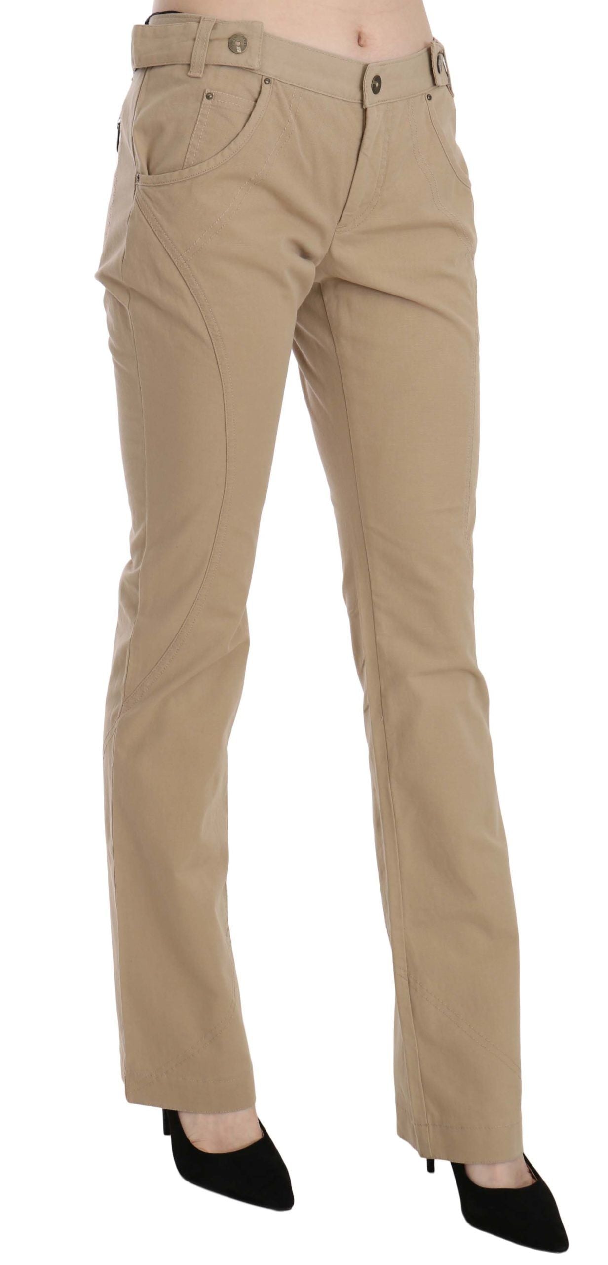 Just Cavalli Beige Cotton Mid Waist Straight Trousers Women's Pants