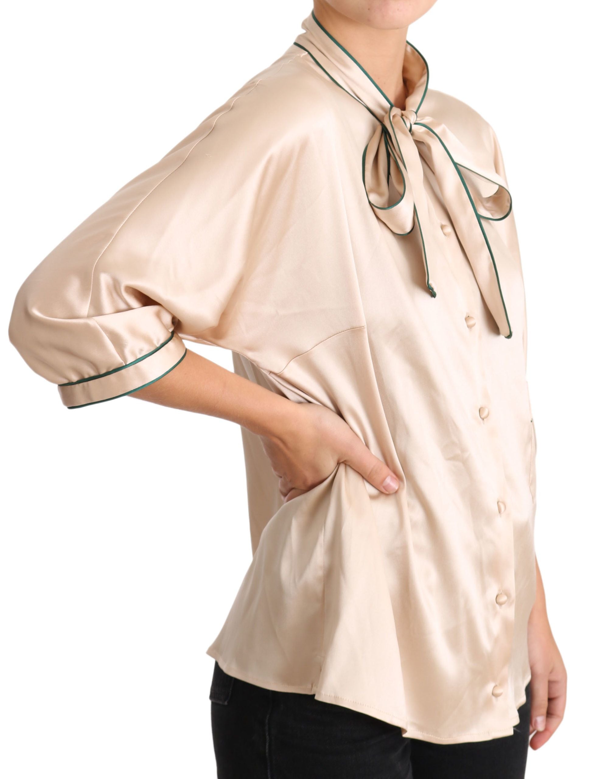 Dolce & Gabbana Beige Ribbon Silk Stretch Top Women's Blouse
