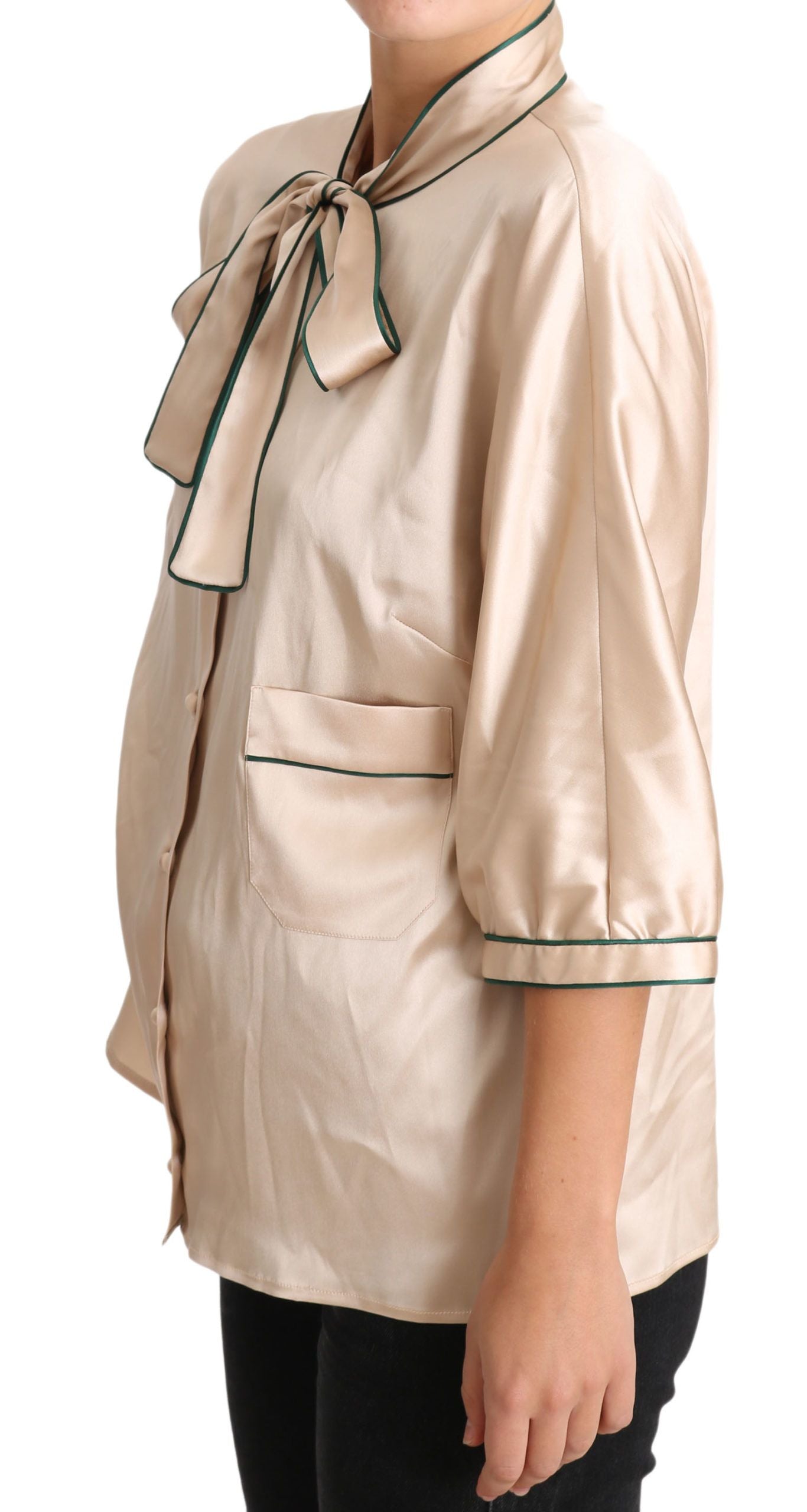 Dolce & Gabbana Beige Ribbon Silk Stretch Top Women's Blouse