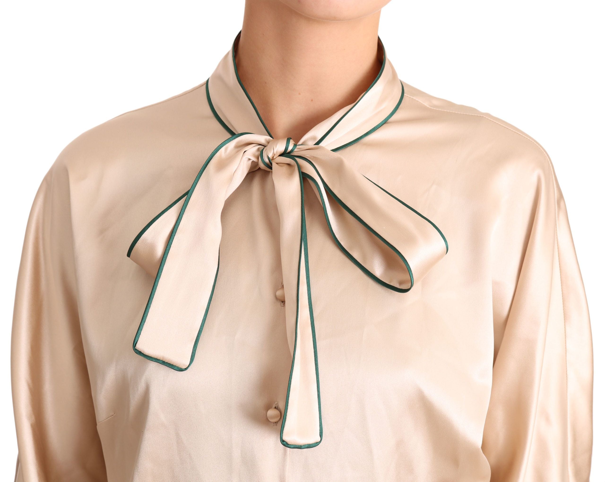Dolce & Gabbana Beige Ribbon Silk Stretch Top Women's Blouse