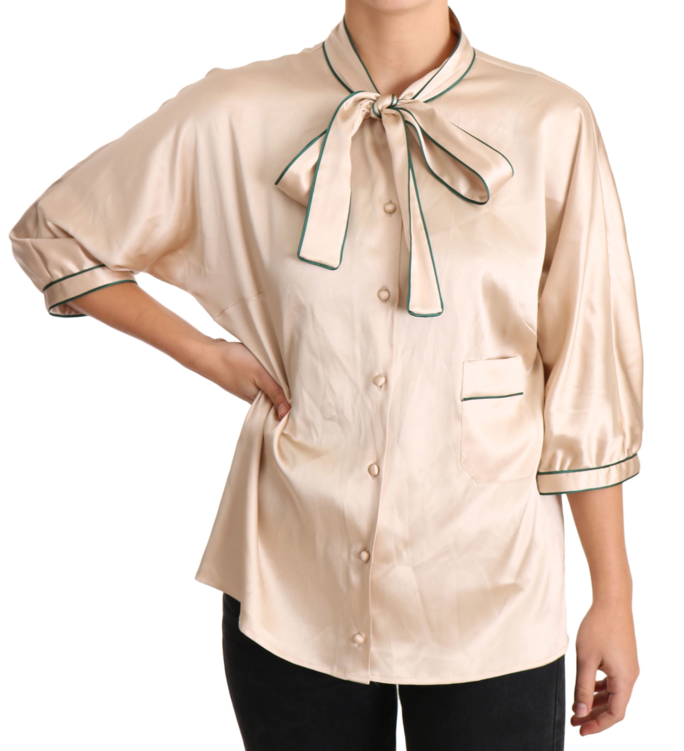 Dolce & Gabbana Beige Ribbon Silk Stretch Top Women's Blouse