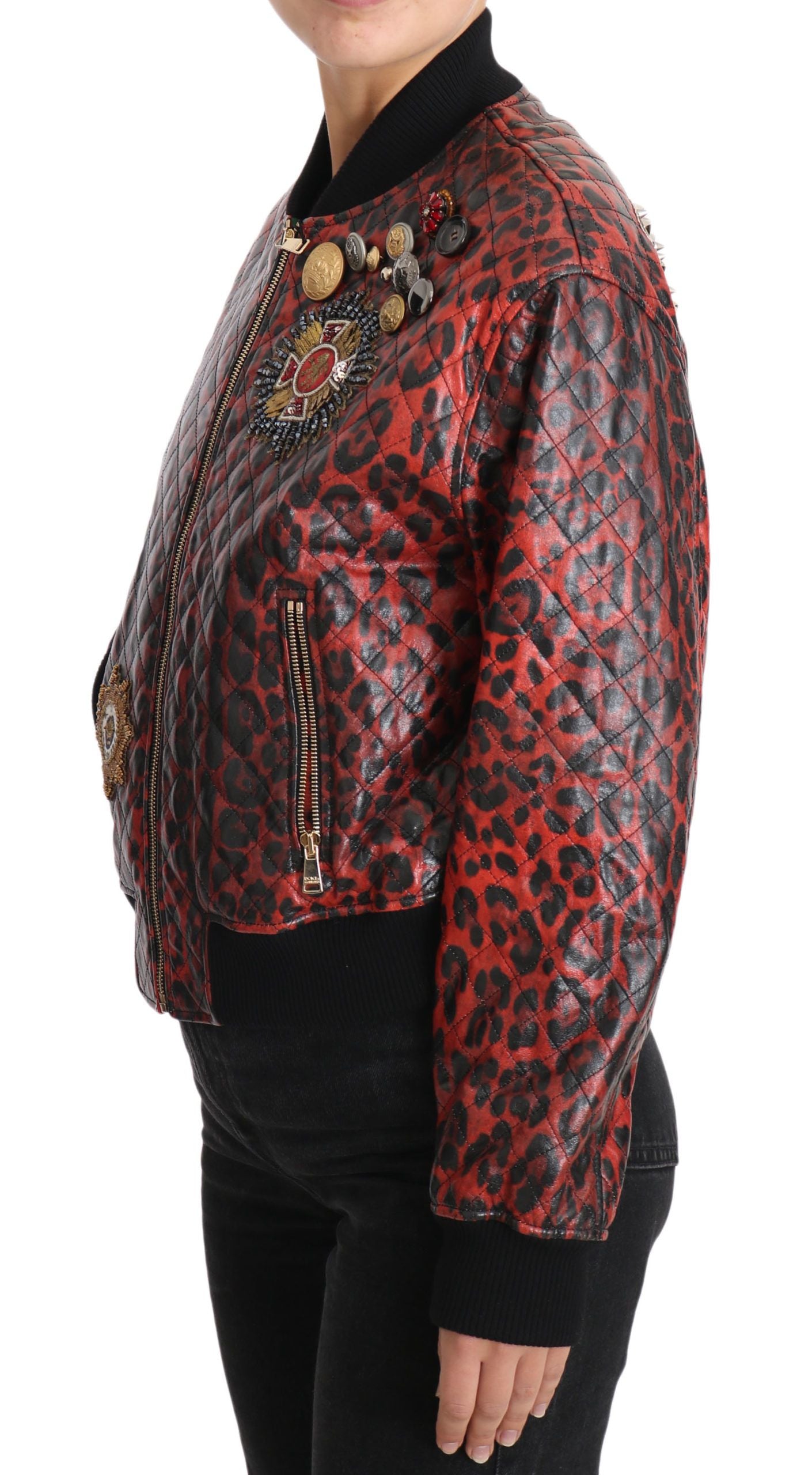 Dolce & Gabbana Red Leopard Button Crystal Leather Women's Jacket