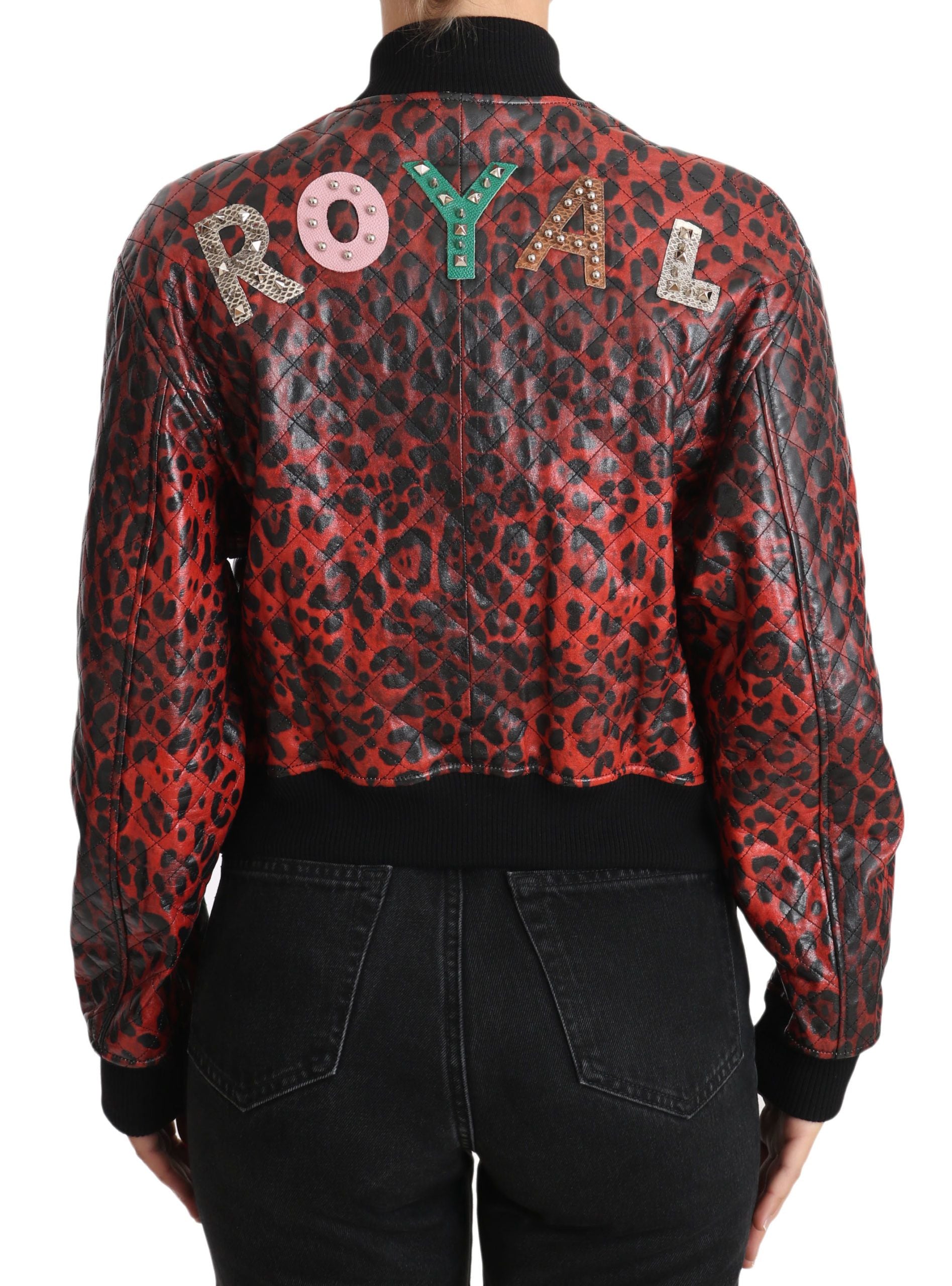 Dolce & Gabbana Red Leopard Button Crystal Leather Women's Jacket