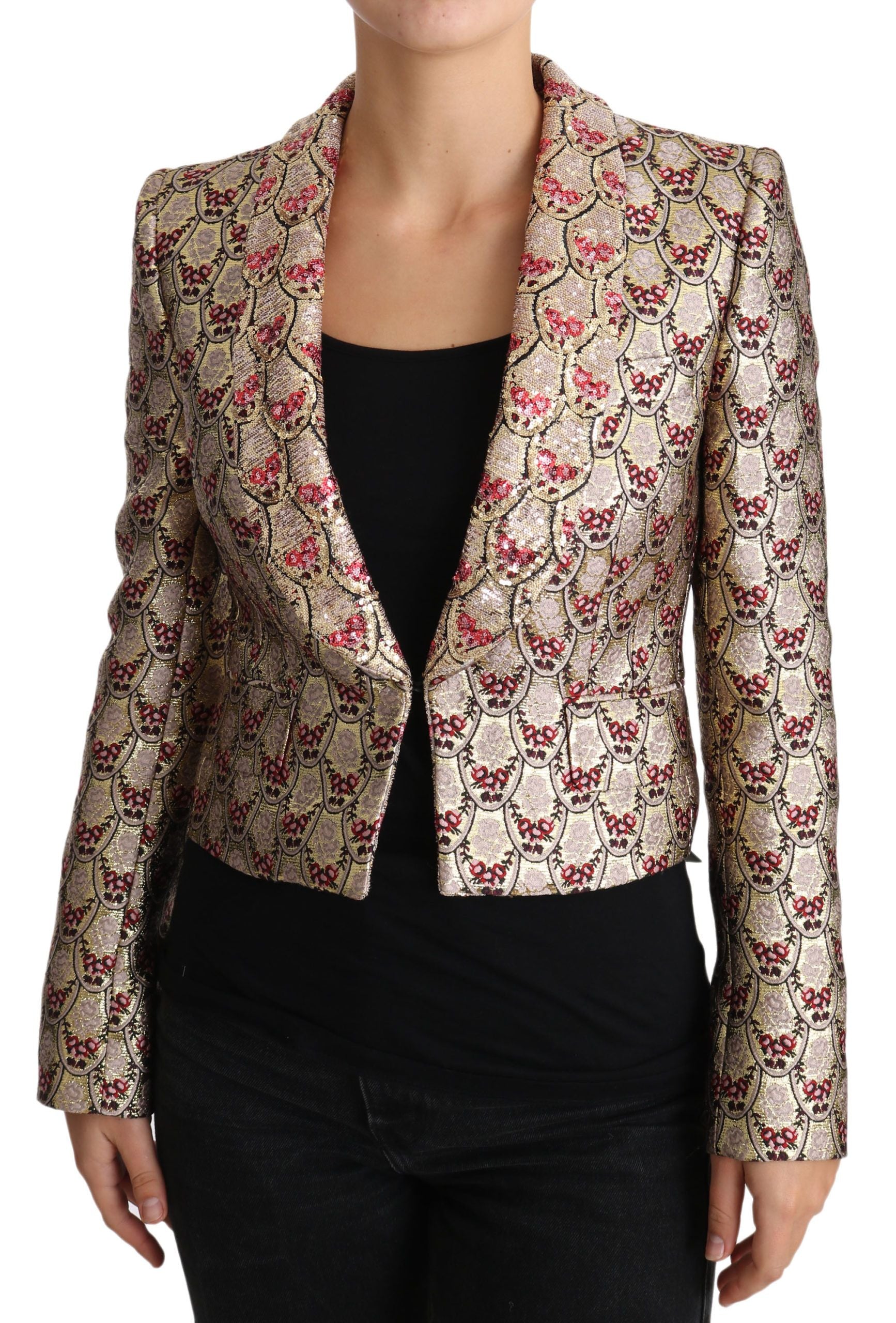 Dolce & Gabbana Gold Floral Sequined Blazer Coat Women's Jacket