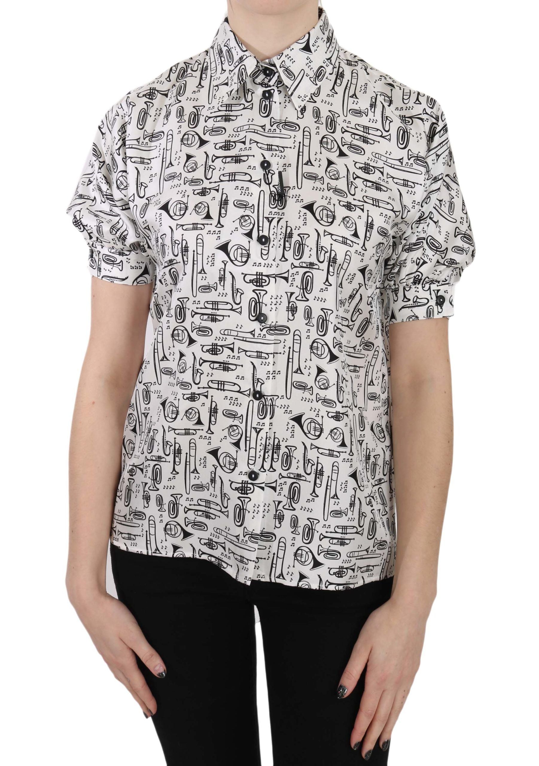 Dolce & Gabbana Trumpet Print Button Front Silk Top Women's Blouse