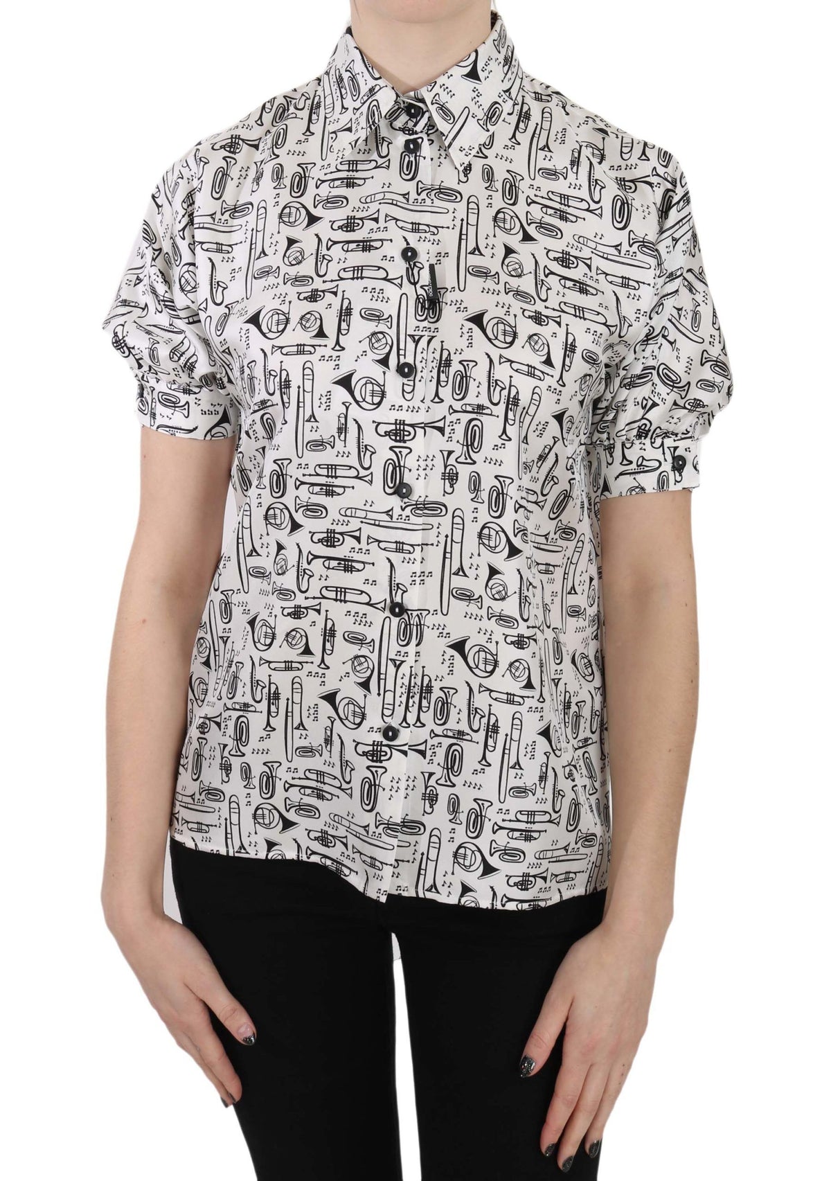 Dolce & Gabbana Trumpet Print Button Front Silk Top Women's Blouse