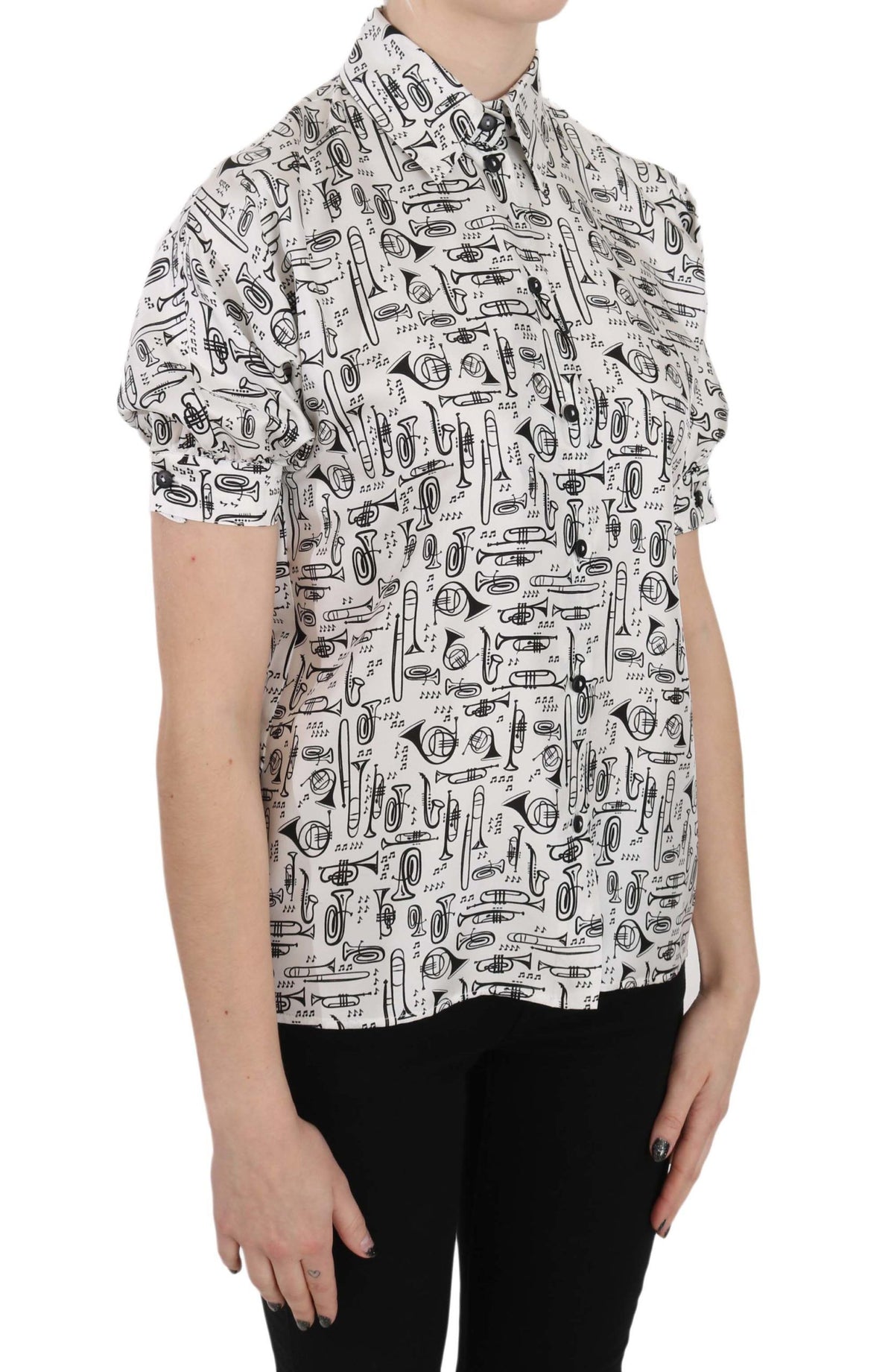 Dolce & Gabbana Trumpet Print Button Front Silk Top Women's Blouse