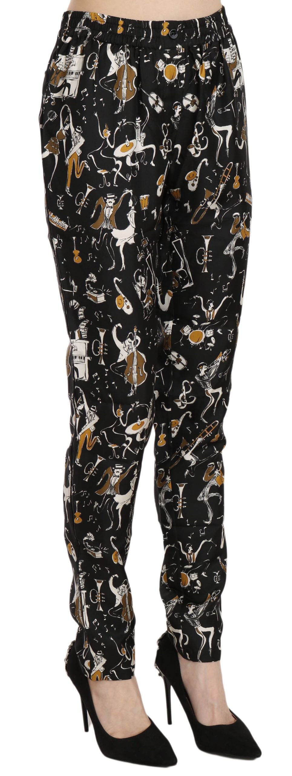 Dolce & Gabbana Black Jazz Club Print High Waist Tapered Women's Pants
