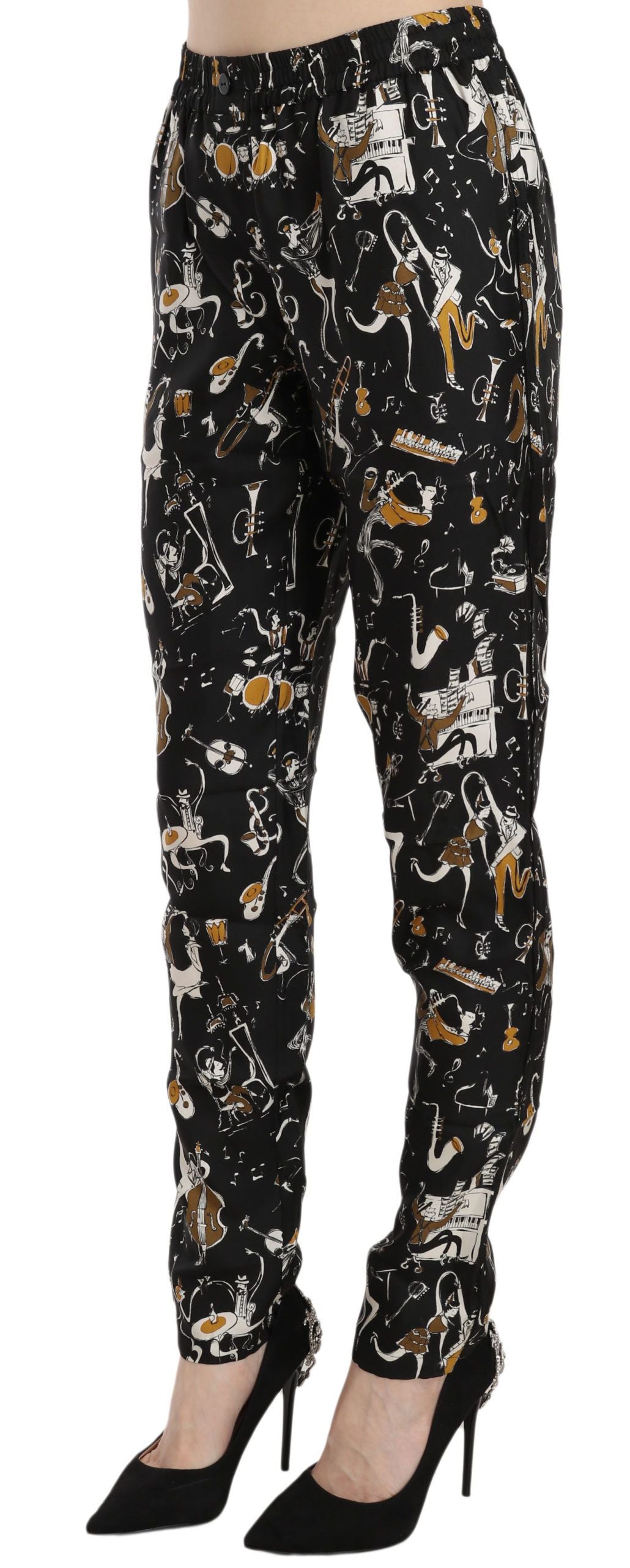 Dolce & Gabbana Black Jazz Club Print High Waist Tapered Women's Pants