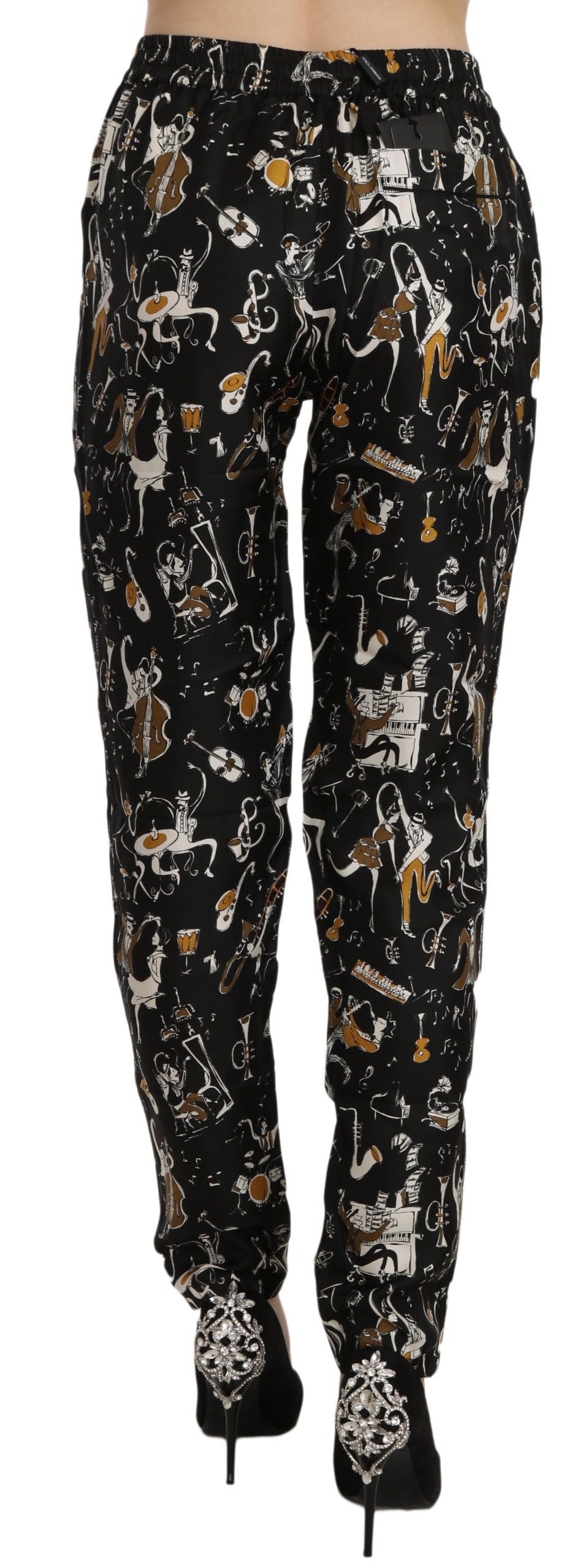 Dolce & Gabbana Black Jazz Club Print High Waist Tapered Women's Pants