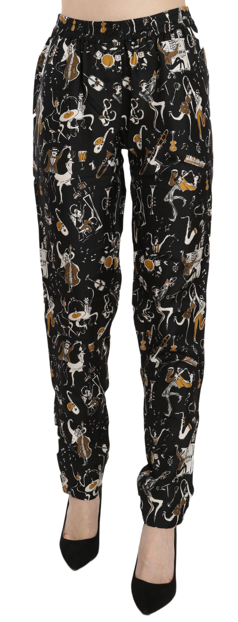 Dolce & Gabbana Black Jazz Club Print High Waist Tapered Women's Pants