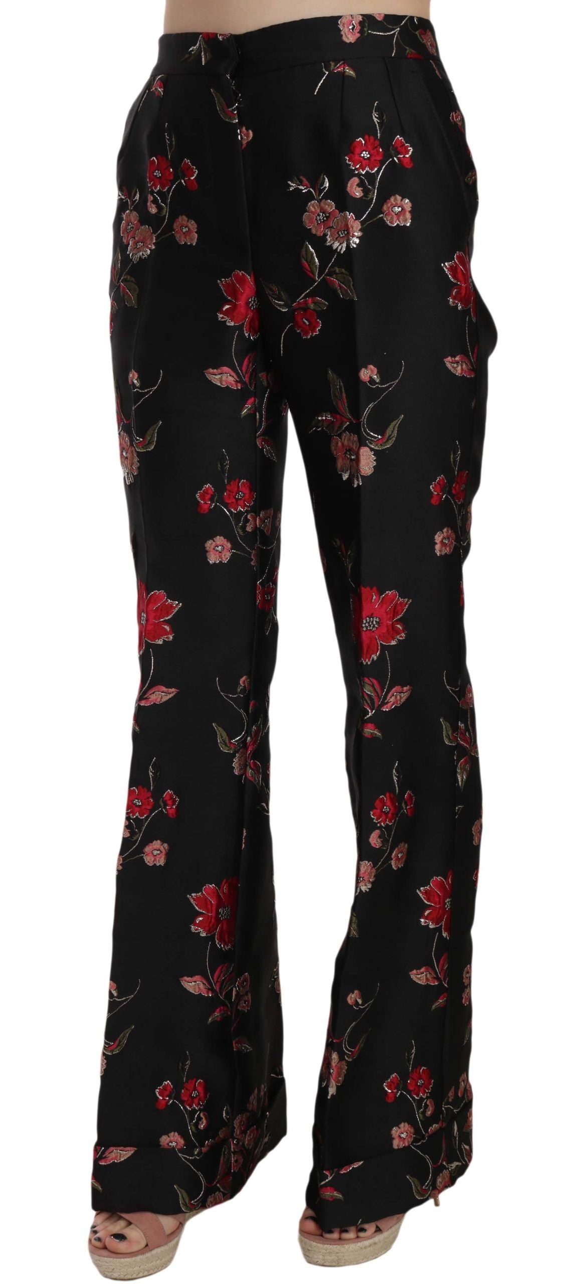 Dolce & Gabbana Floral Print Black Boot Cut Trouser Women's Pants