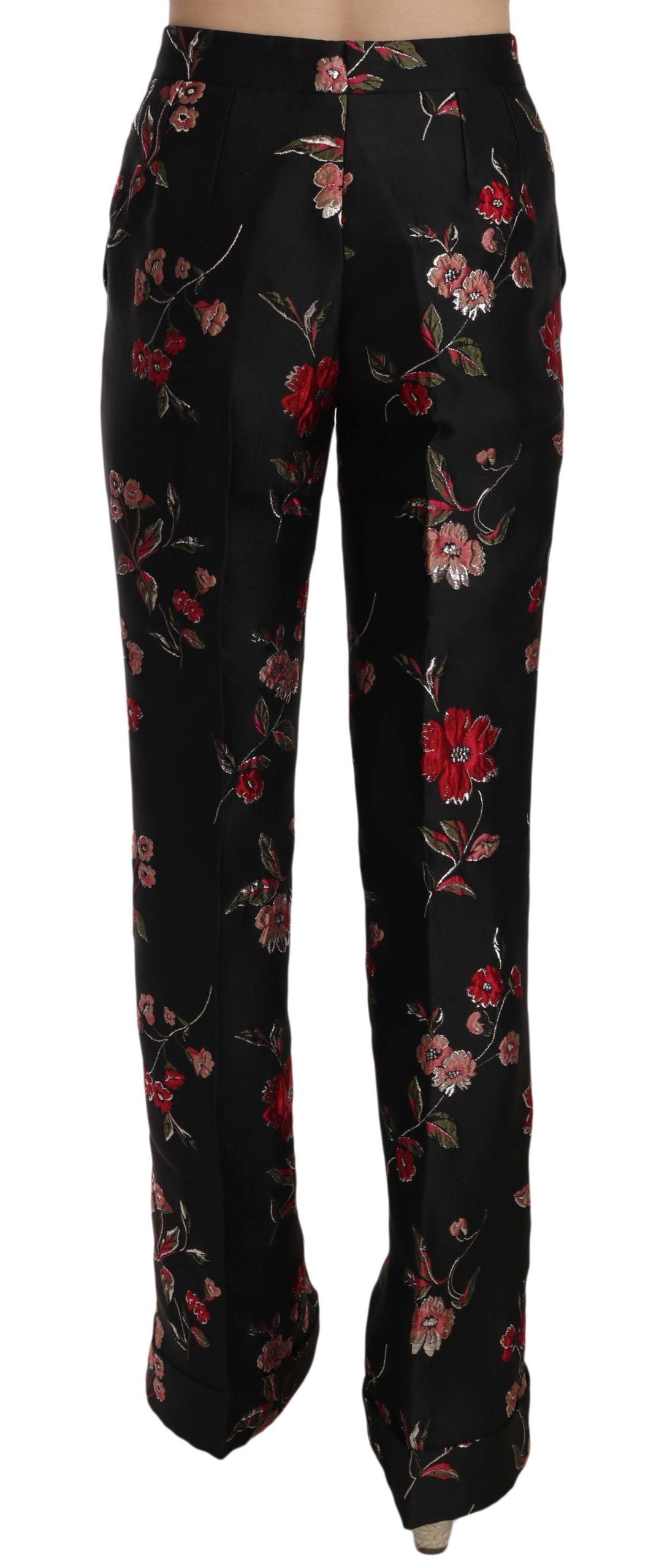 Dolce & Gabbana Floral Print Black Boot Cut Trouser Women's Pants