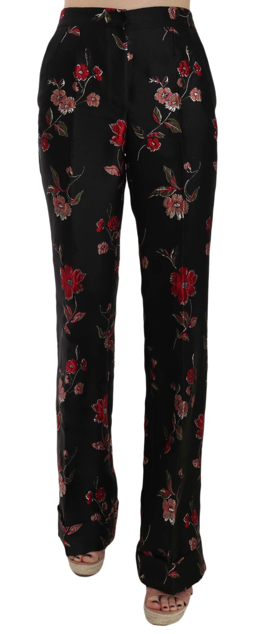 Dolce & Gabbana Floral Print Black Boot Cut Trouser Women's Pants
