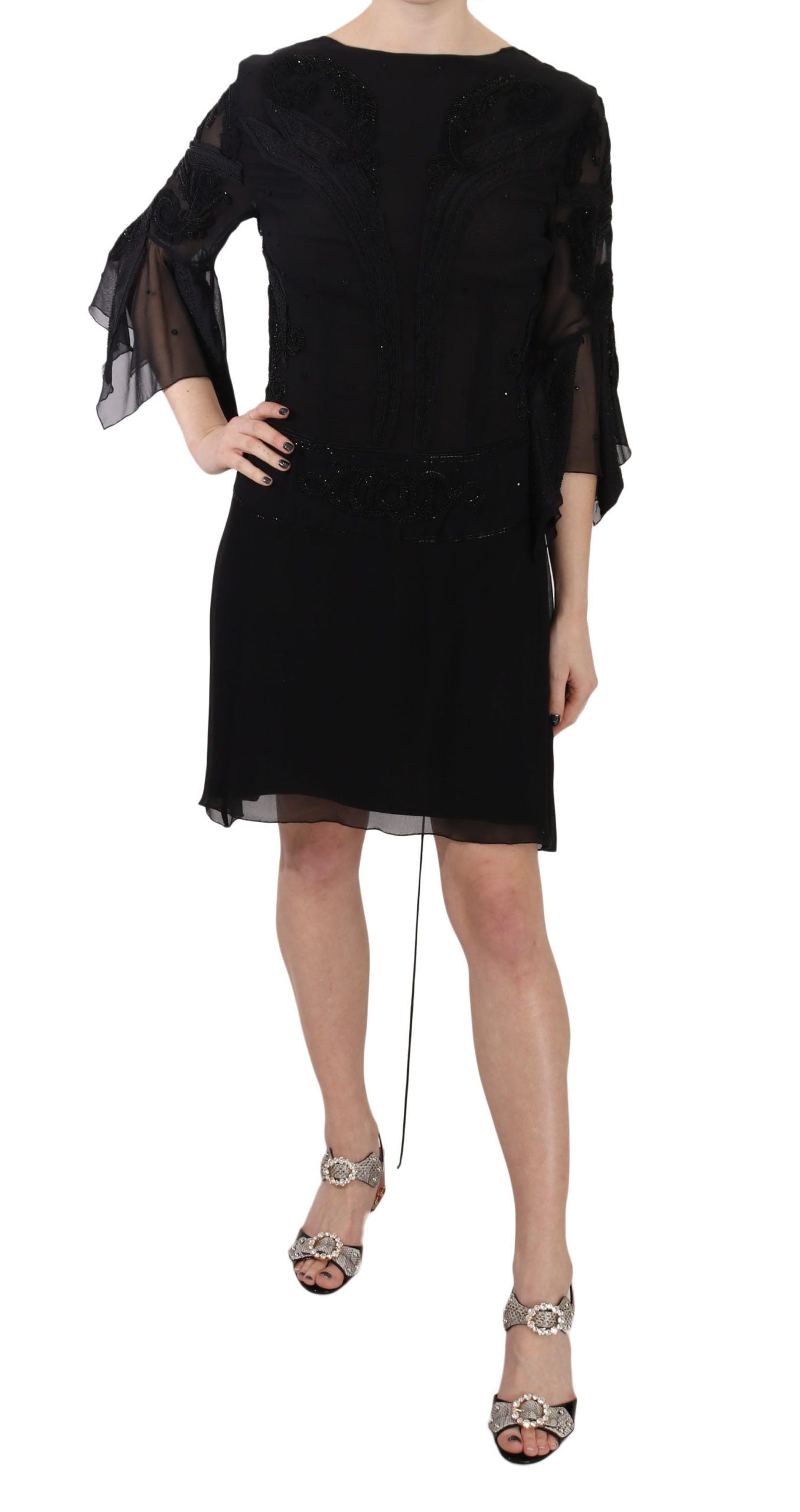 John Richmond Black Sequined Silk Mini Shift Women's Gown