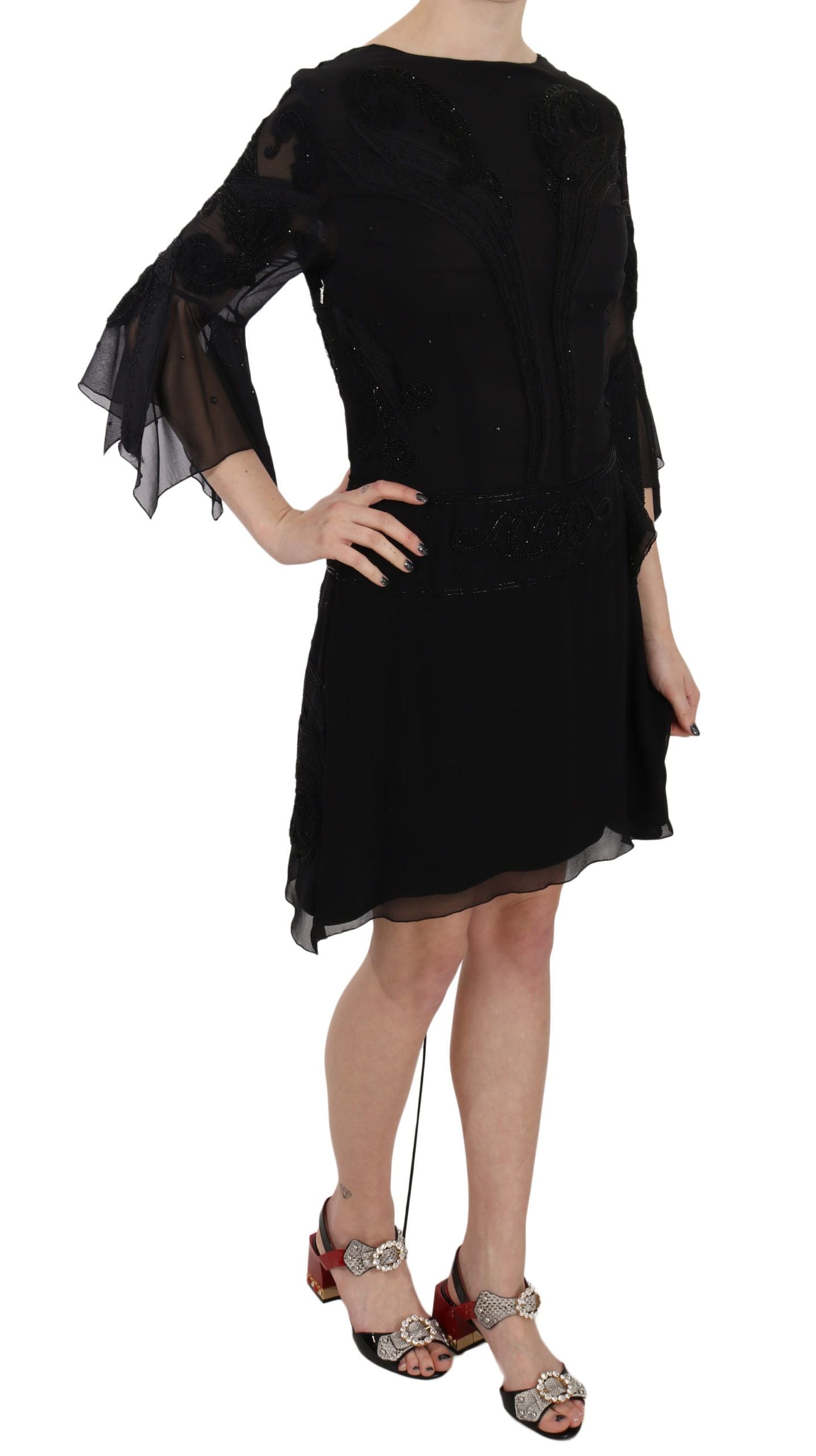John Richmond Black Sequined Silk Mini Shift Women's Gown