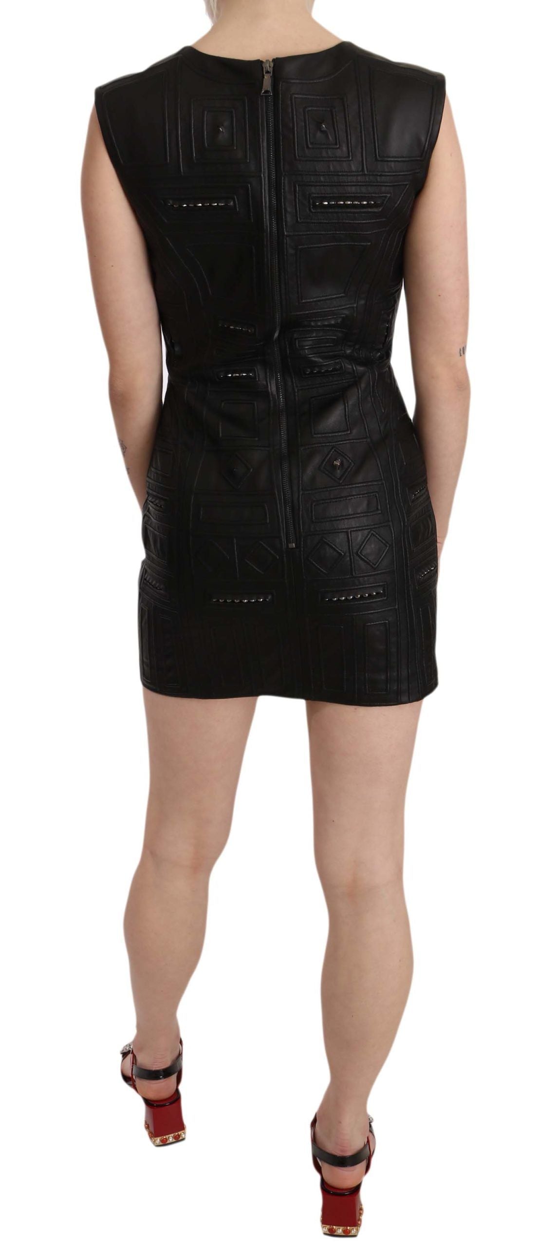 John Richmond Black Leather Studded Mini Shift Women's Dress