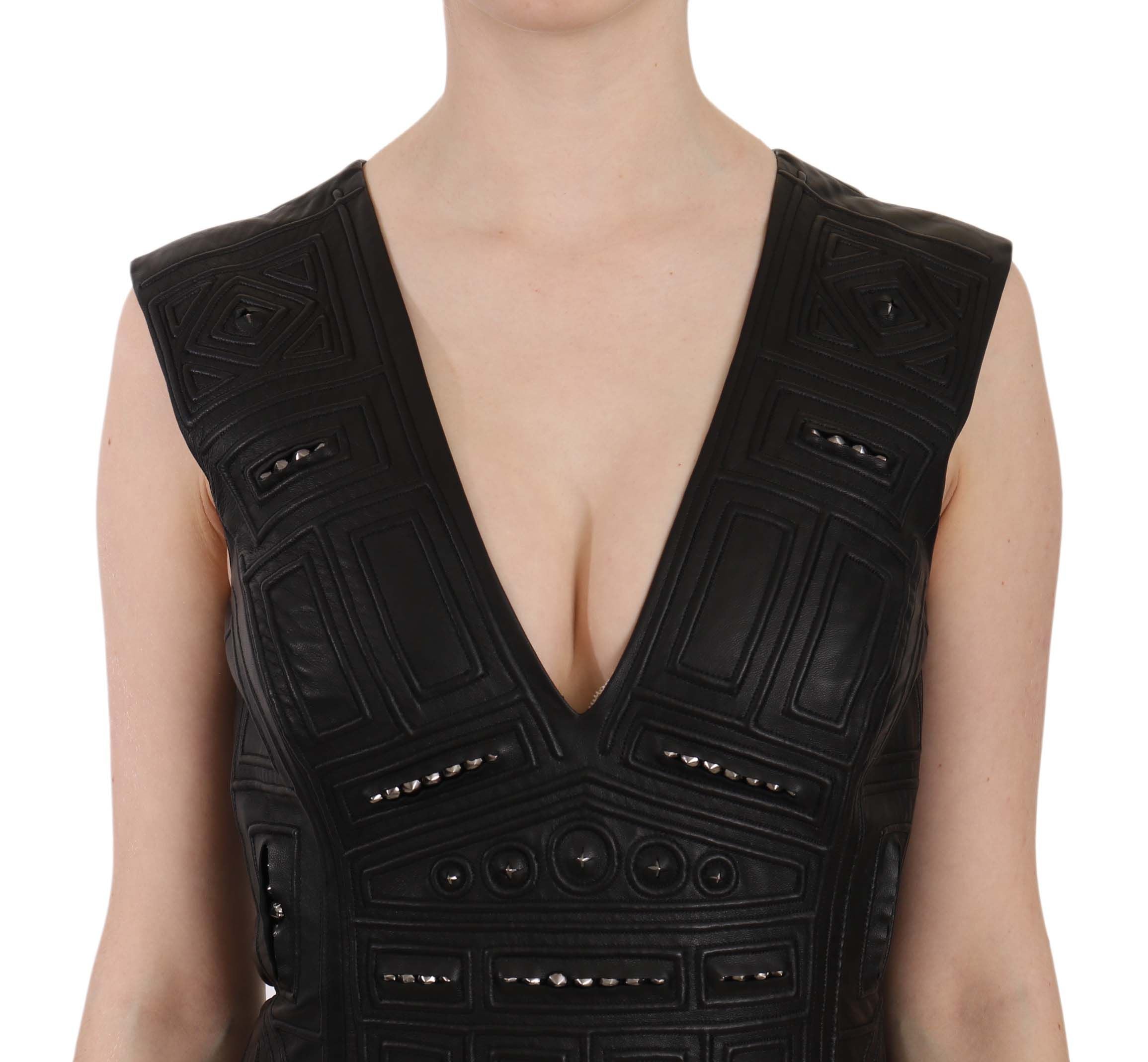 John Richmond Studded Black Leather Mini Sheath Women's Dress