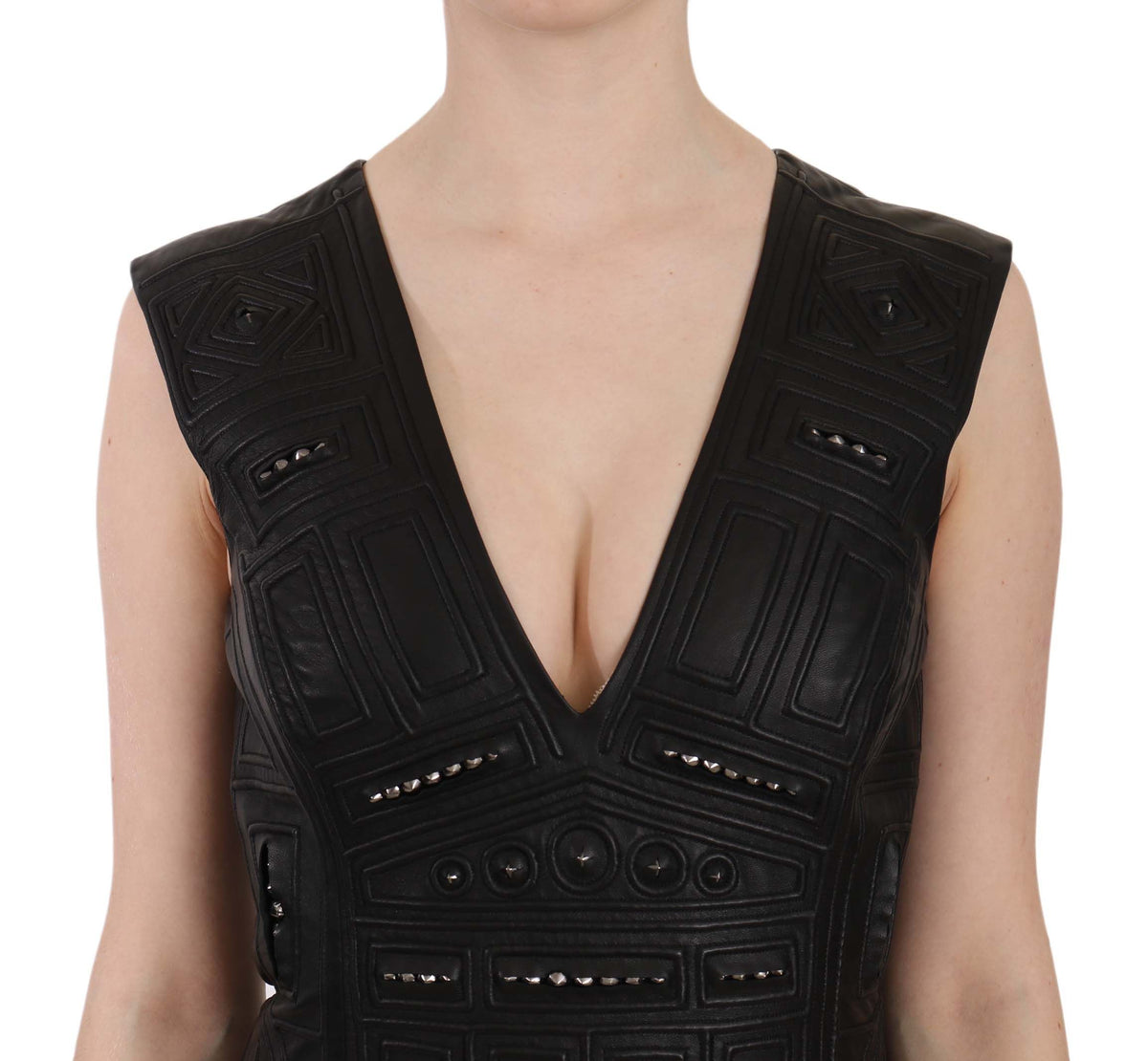 John Richmond Black Leather Studded Mini Shift Women's Dress