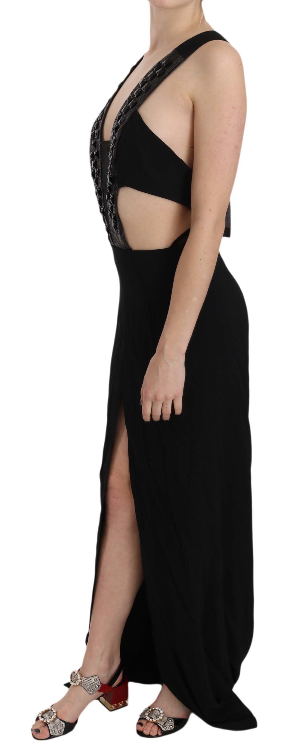 John Richmond Black Crystal Leather Gown Flare Women's Dress