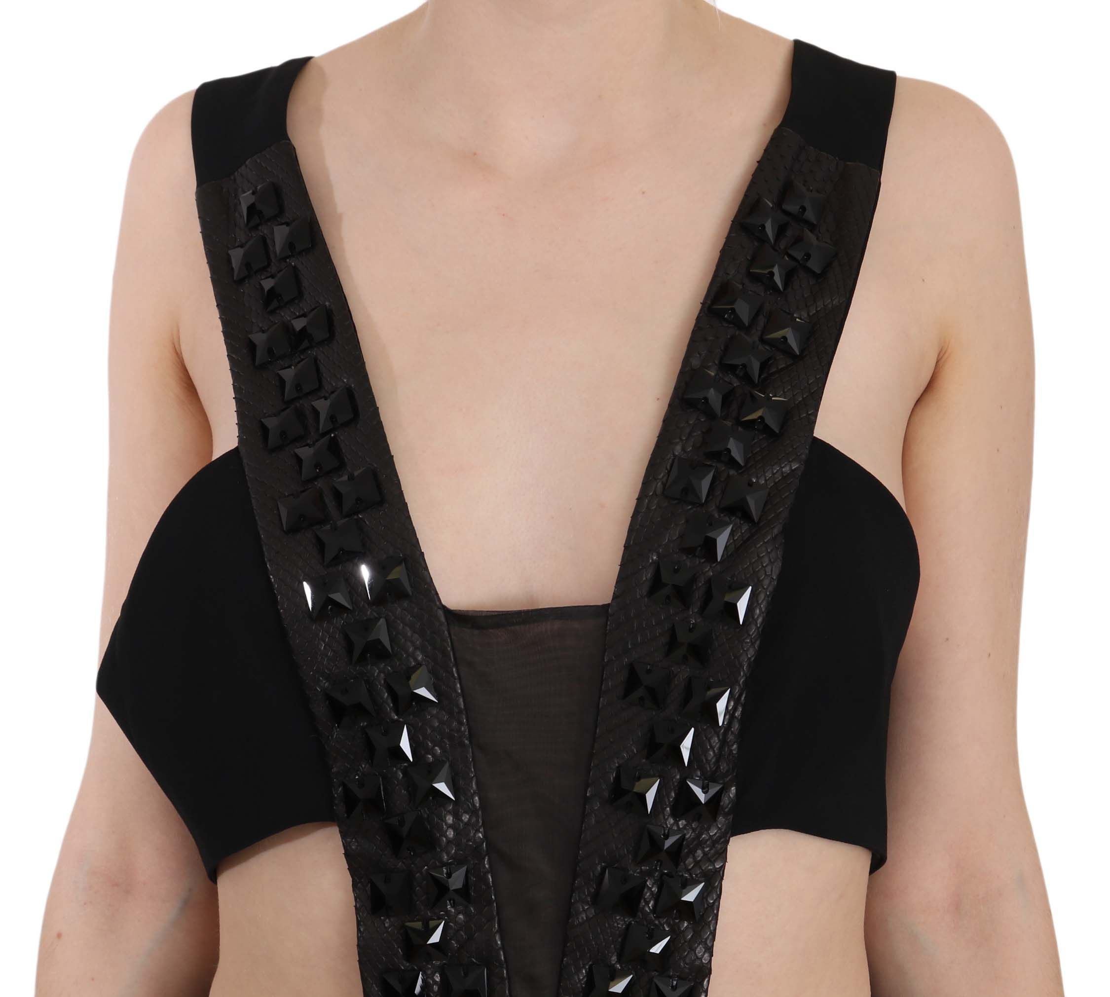 John Richmond Black Crystal Leather Gown Flare Women's Dress