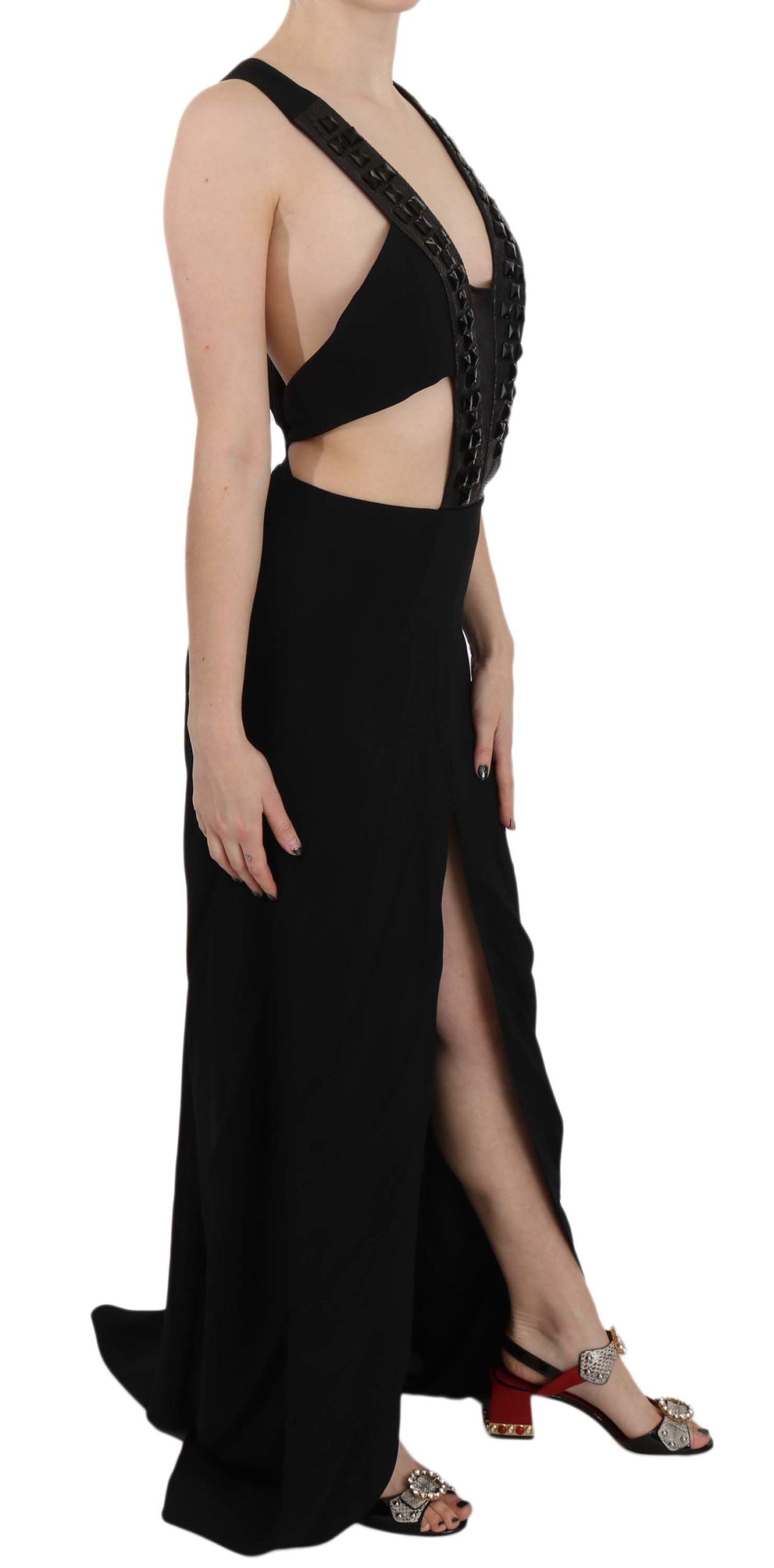 John Richmond Black Crystal Leather Gown Flare Women's Dress