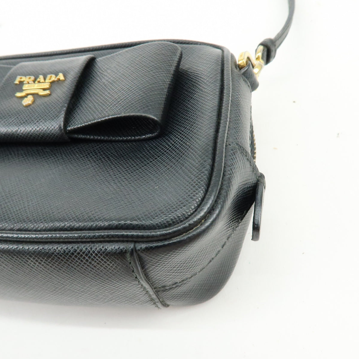 Prada Bow Camera Saffiano Leather Black Leather Crossbody Bag Bag (Pre-Owned)