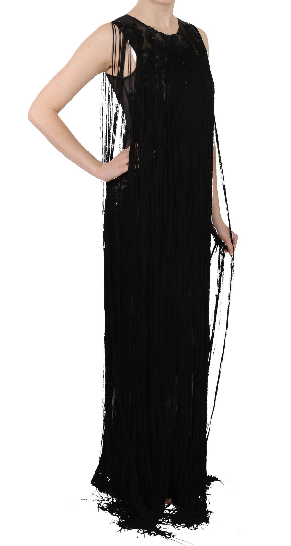 John Richmond Black Silk Beaded Sequined Sheer Women's Dress