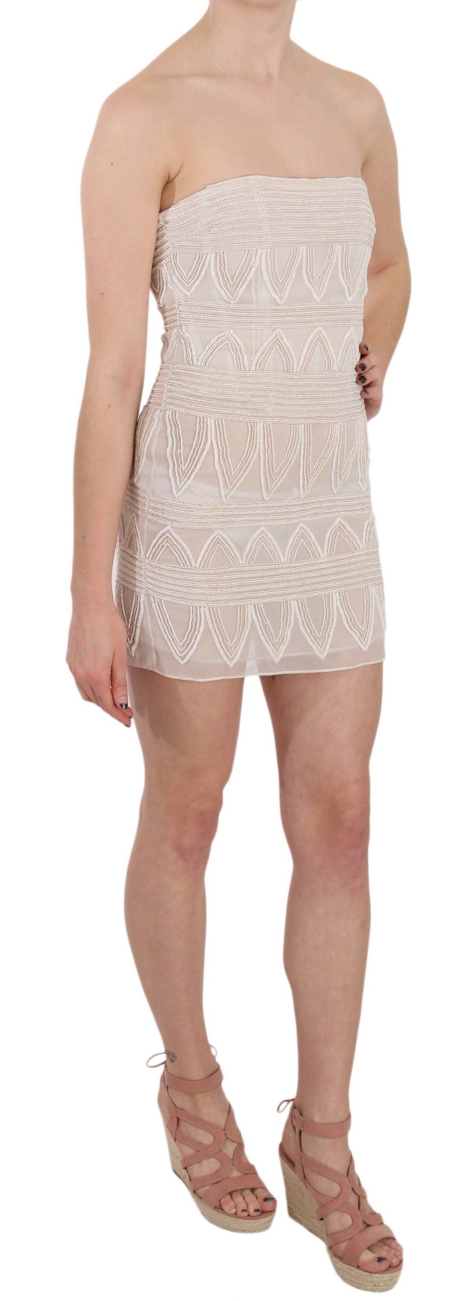 John Richmond Beige Beaded Silk Short Mini Gown Women's Dress
