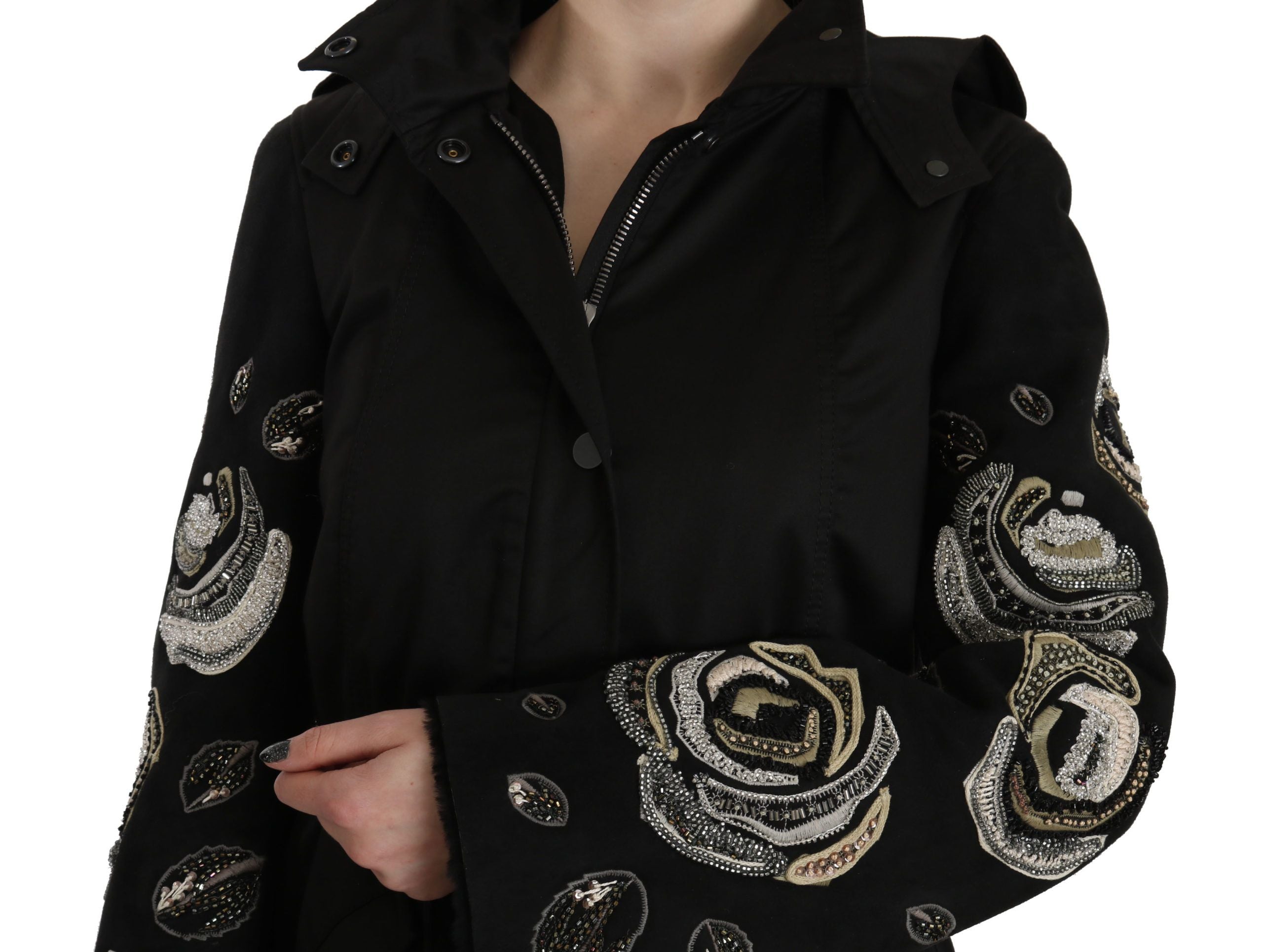 John Richmond Floral Sequined Beaded Hooded Jacket Women's Coat
