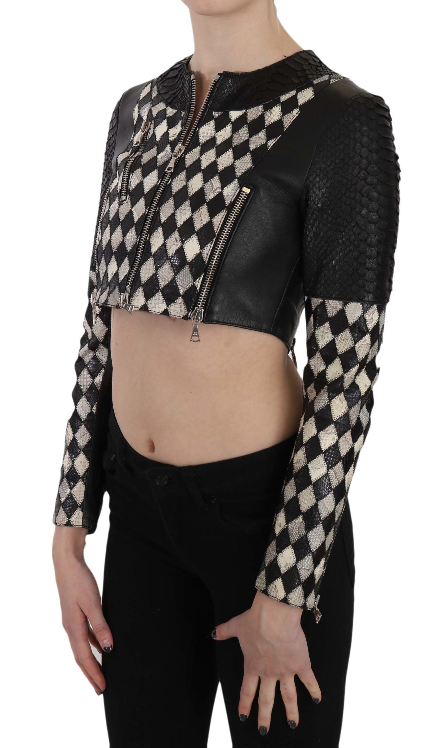 John Richmond Black White Leather Short Cropped Biker Jacket Women's Coat