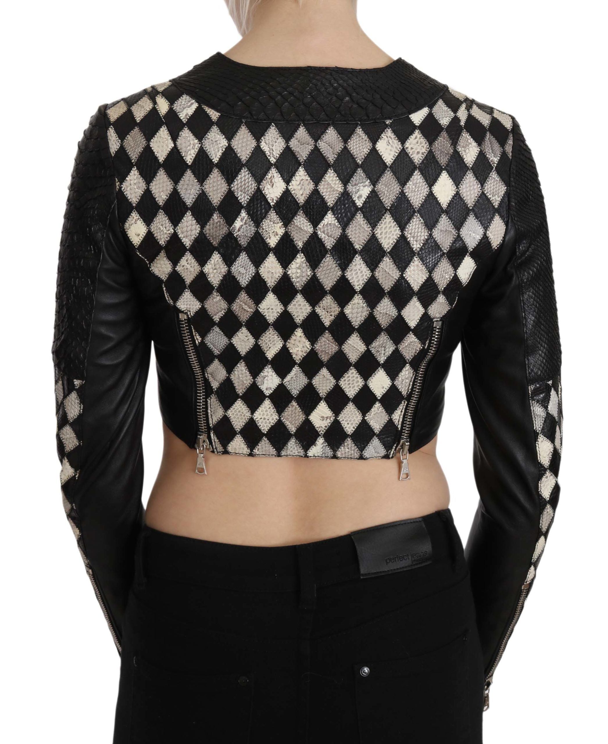 John Richmond Black White Leather Short Cropped Biker Jacket Women's Coat