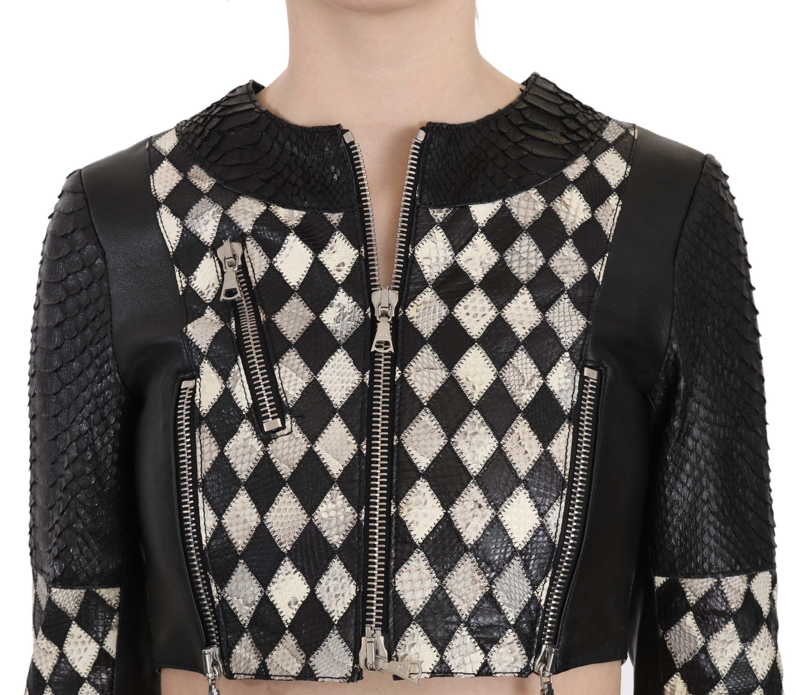 John Richmond Black White Leather Short Cropped Biker Jacket Women's Coat