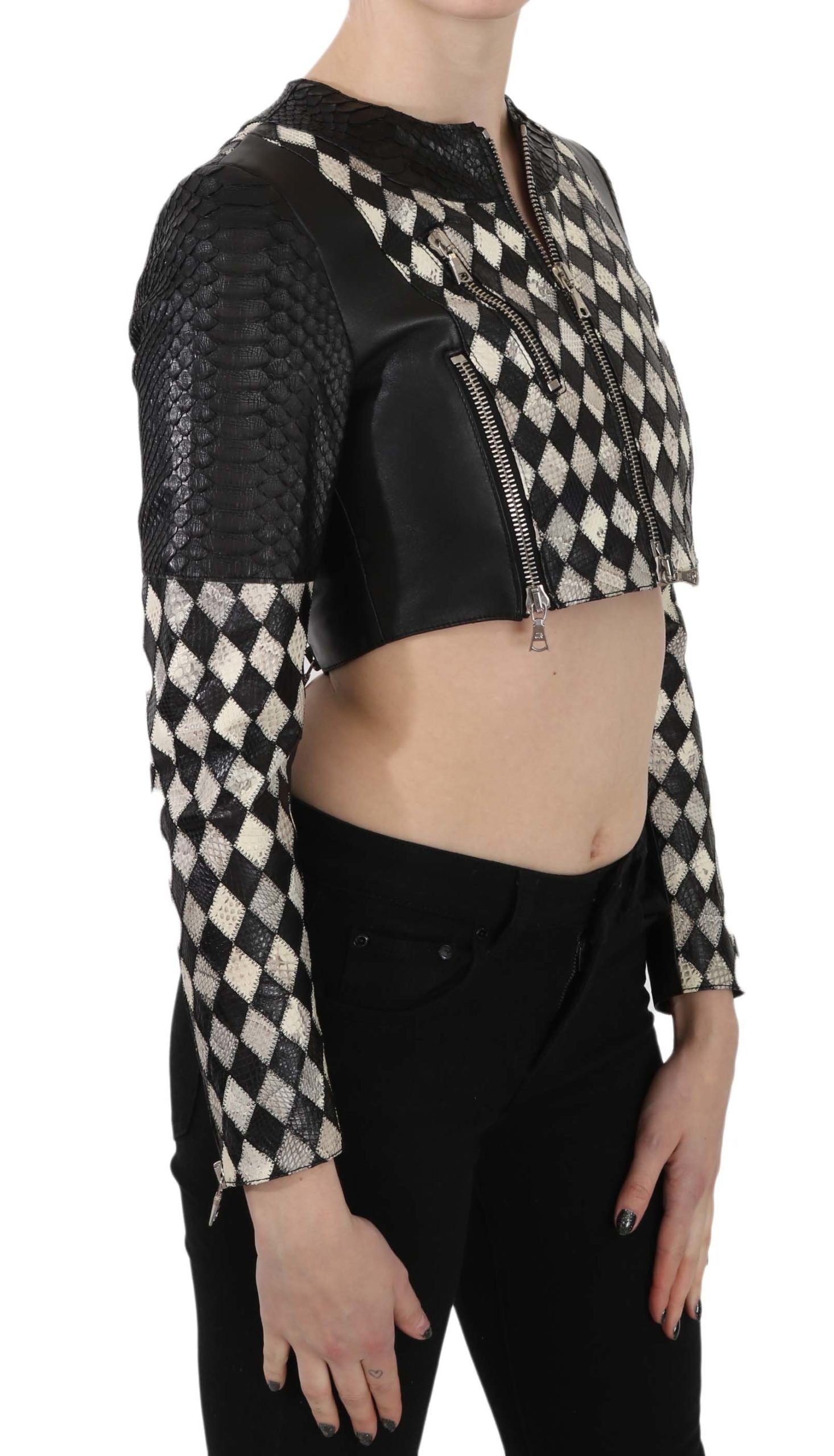 John Richmond Black White Leather Short Cropped Biker Jacket Women's Coat