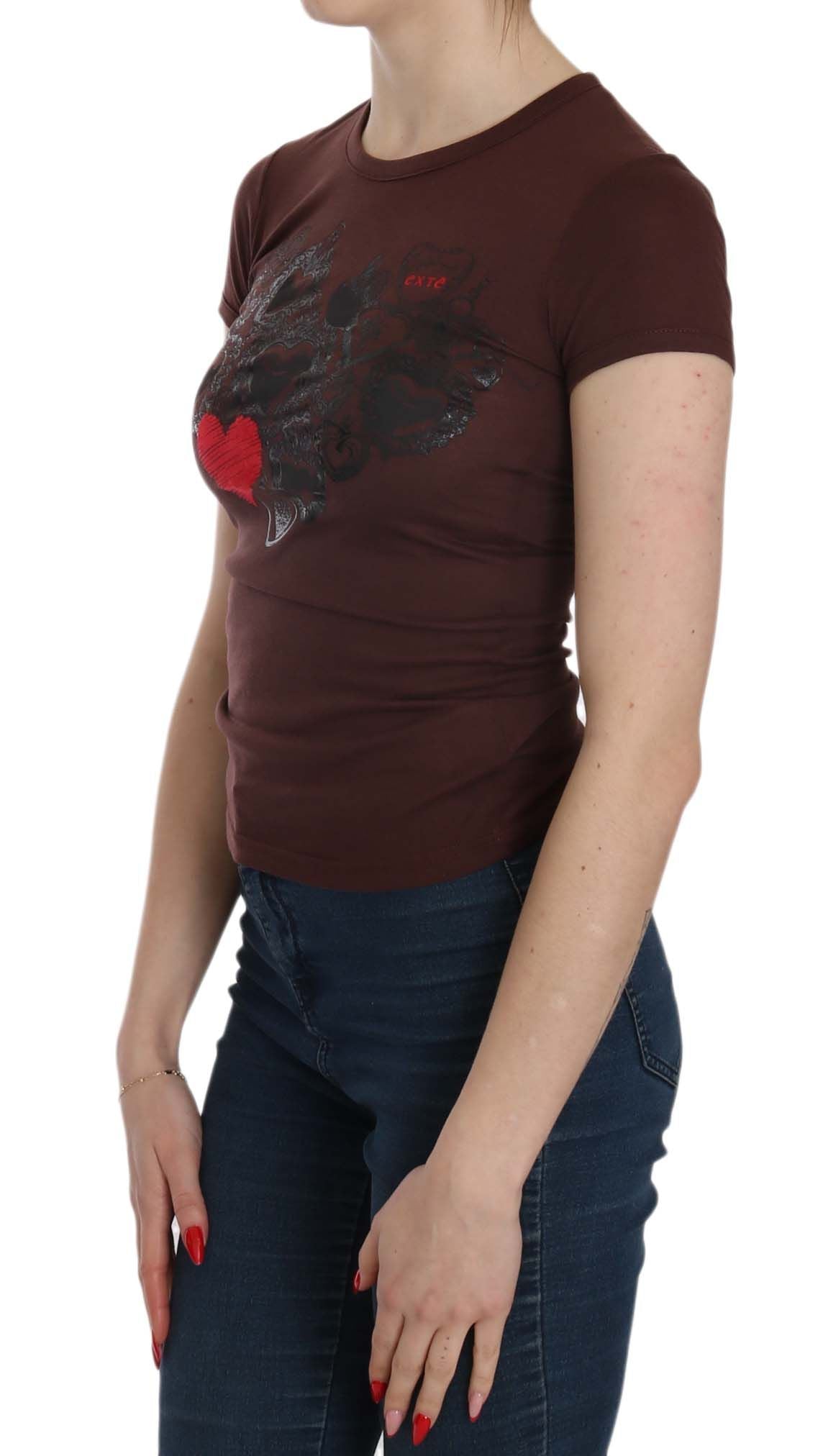Exte Chic Brown Hearts Print Crew Neck Women's Blouse