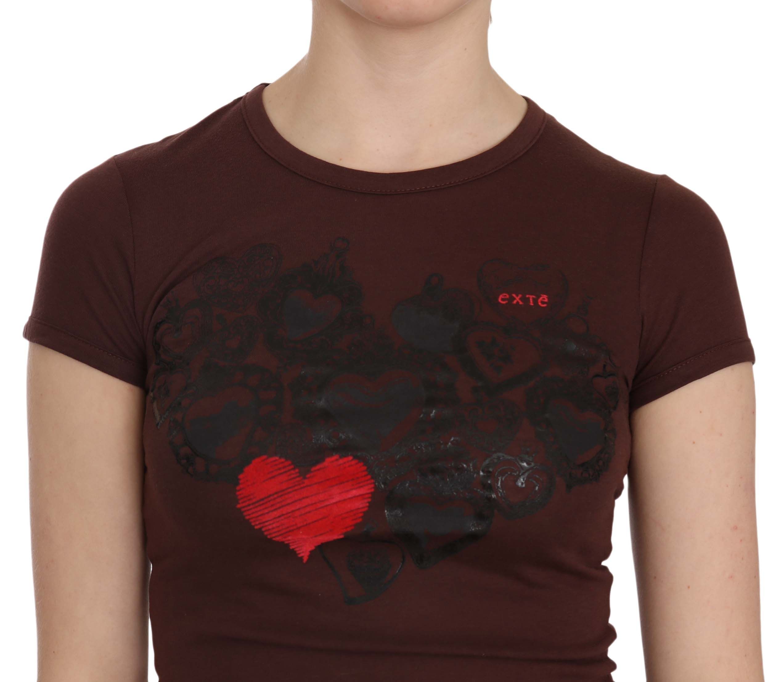 Exte Chic Brown Hearts Print Crew Neck Women's Blouse