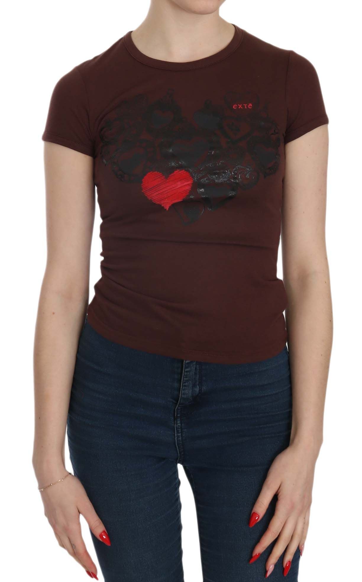 Exte Brown Hearts Short Sleeve Casual T-shirt Women's Top