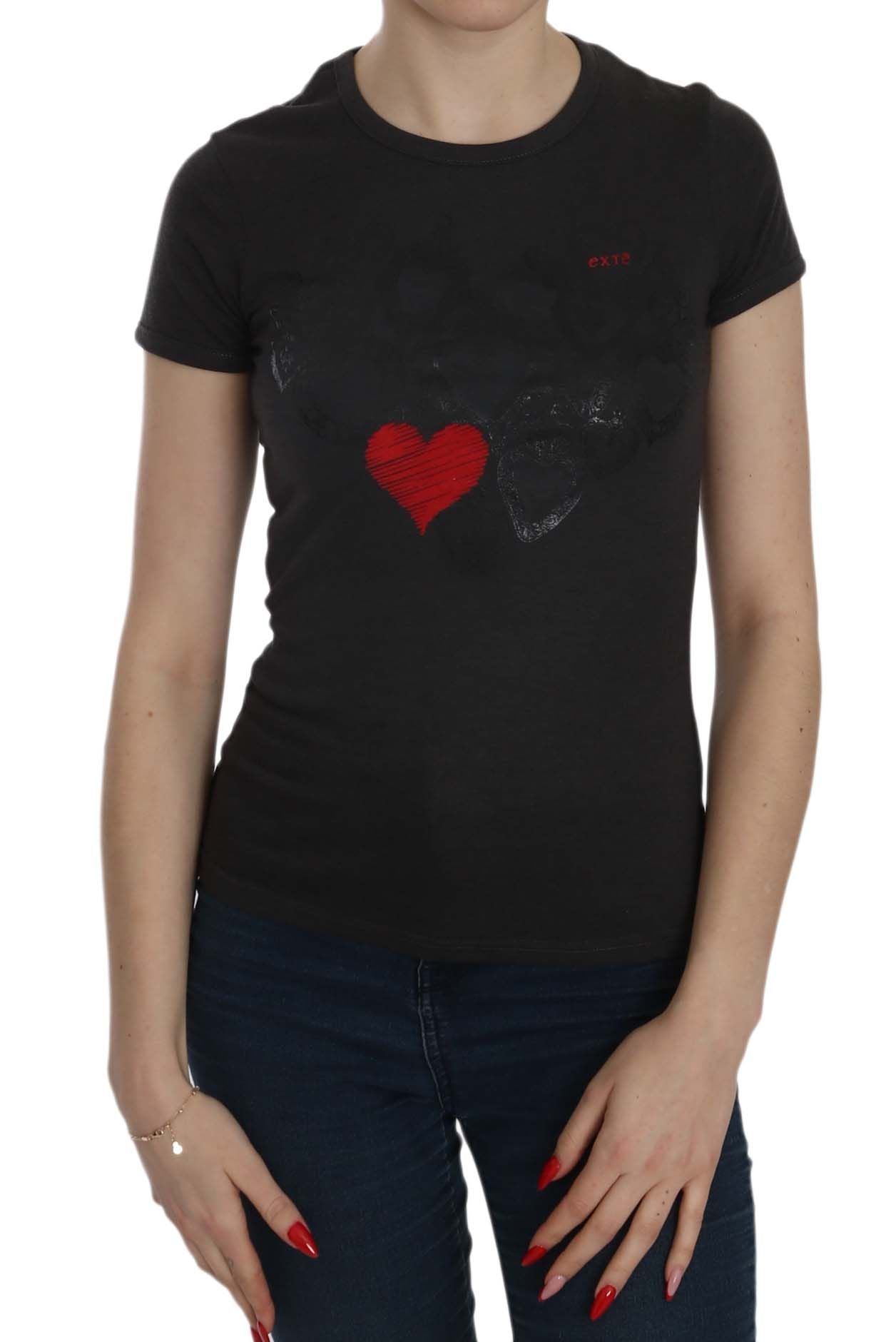 Exte Black Hearts Print Crew Neck Women's Blouse