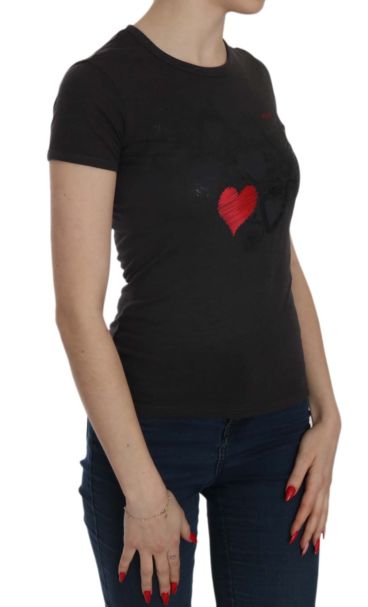 Exte Black Hearts Print Short Sleeve Casual Shirt Women's Top