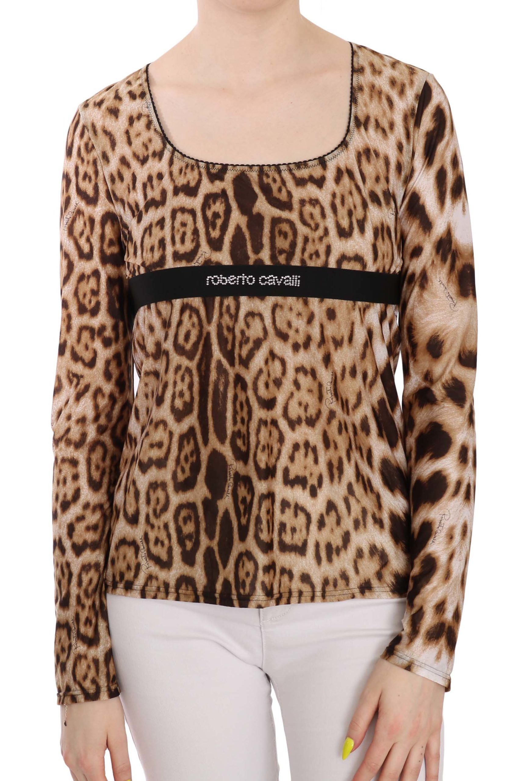 Roberto Cavalli Brown Round Neck Leopard Women Top Women's Blouse