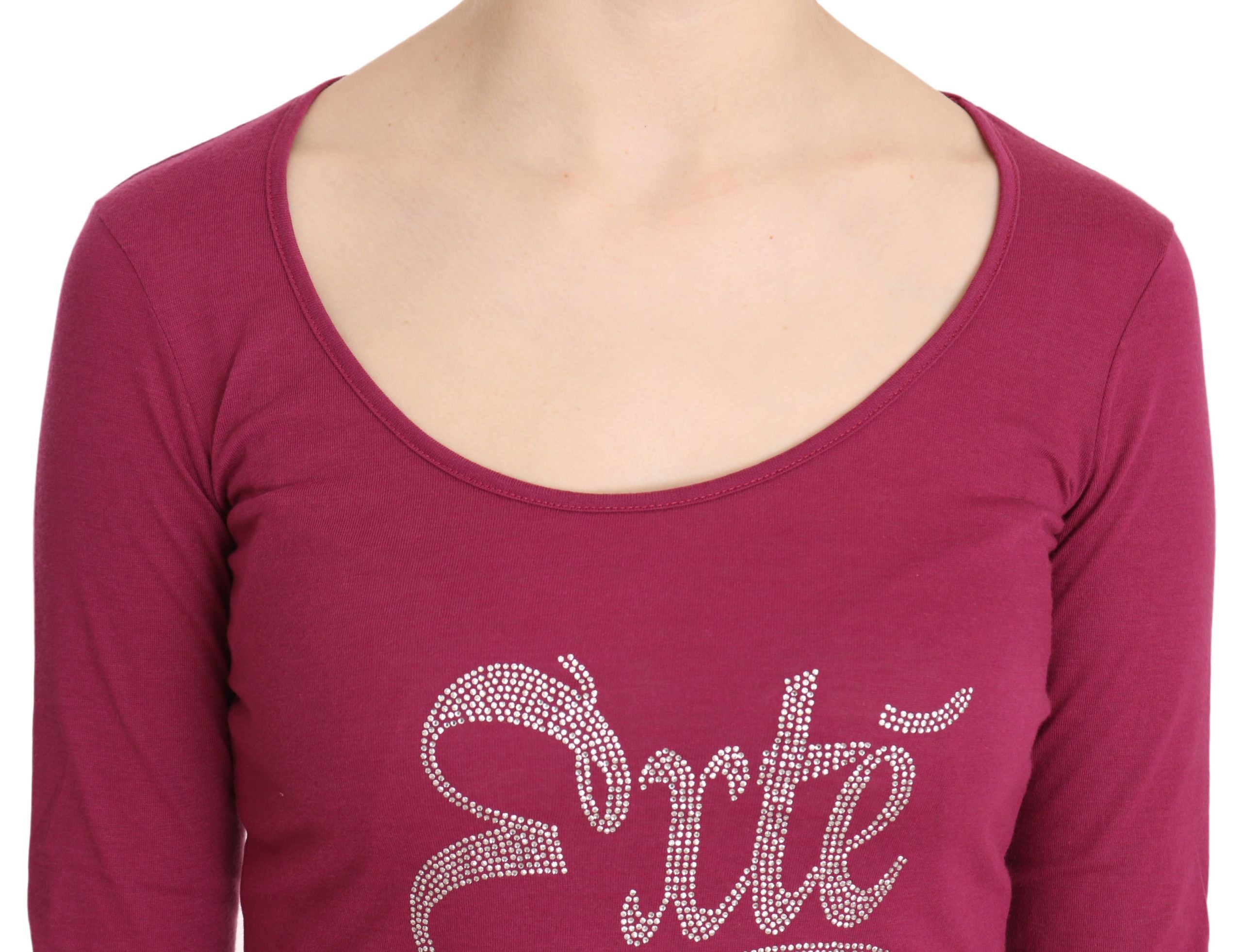 Exte Elegant Pink Crystal Embellished Long Sleeve Women's Top