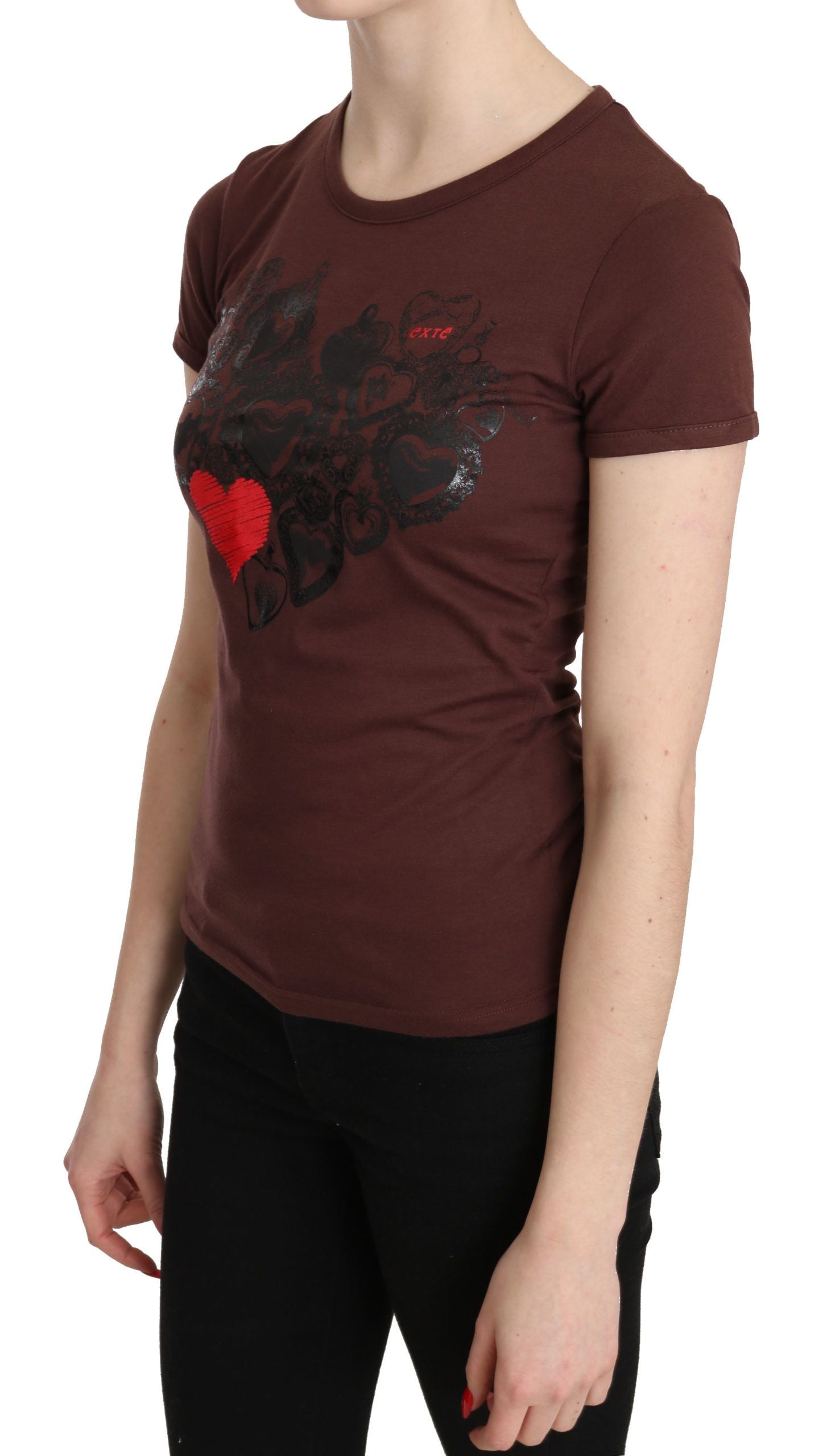 Exte Brown Hearts Printed Round Neck T-shirt Women's Top