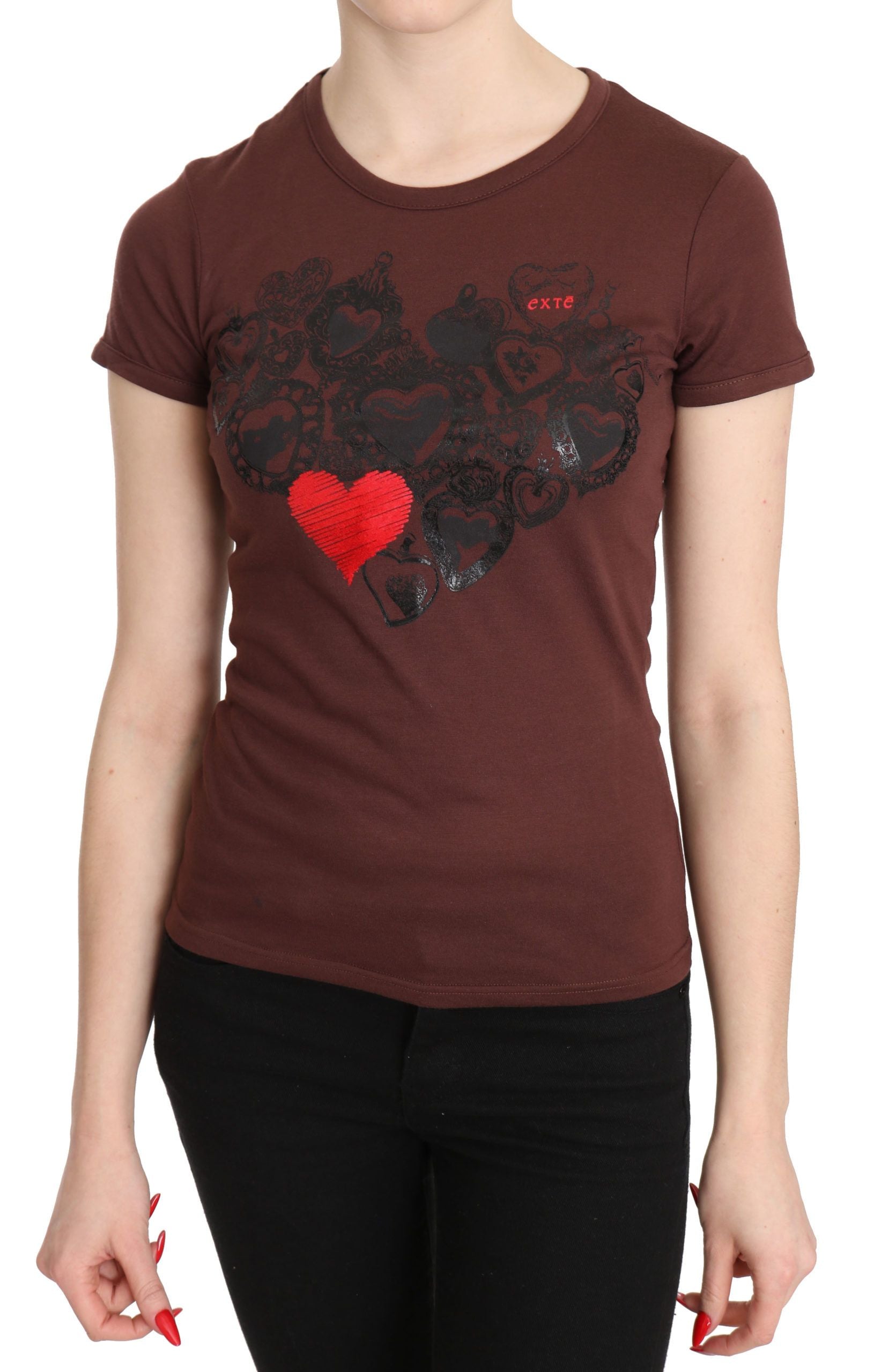 Exte Brown Hearts Printed Round Neck T-shirt Women's Top