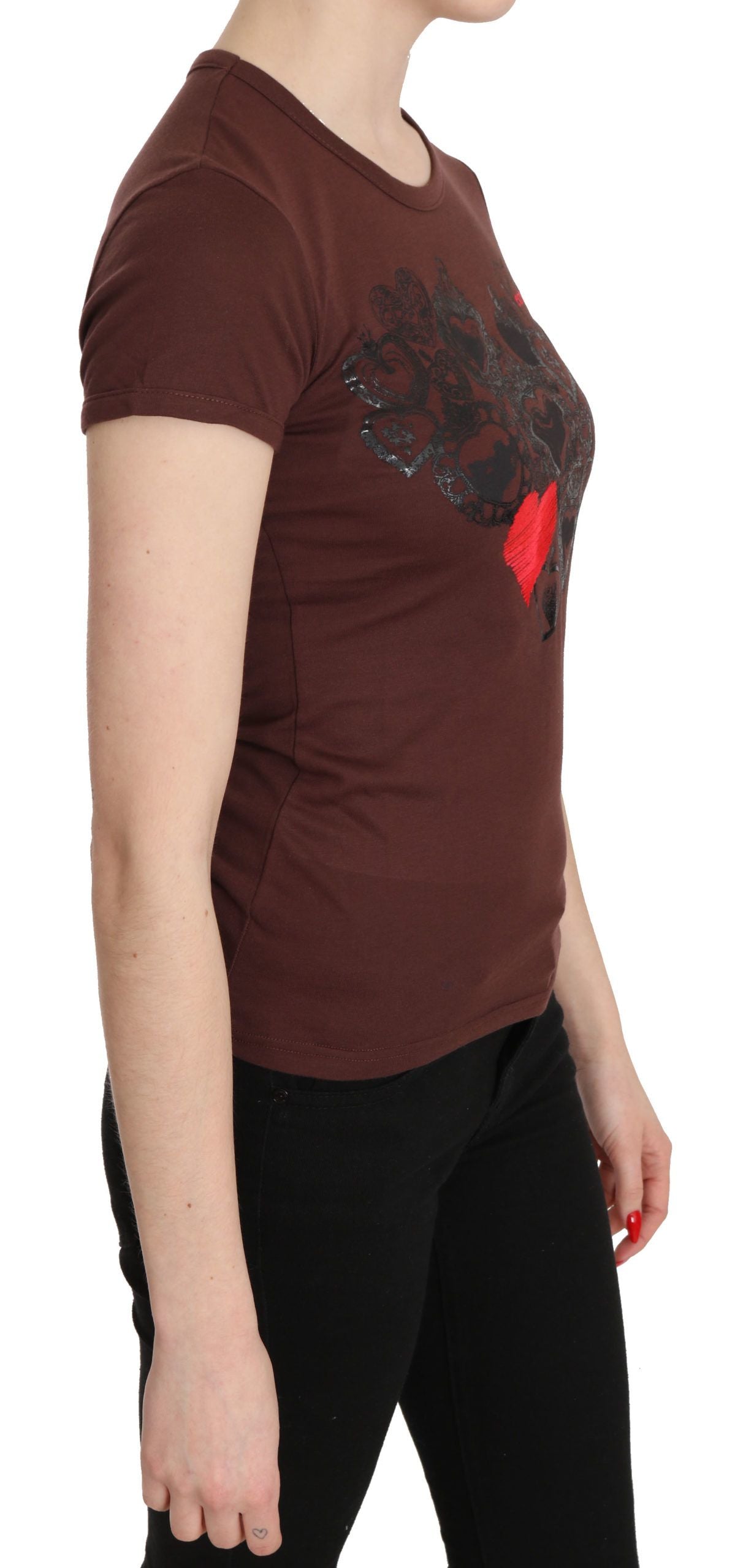 Exte Brown Hearts Printed Round Neck T-shirt Women's Top