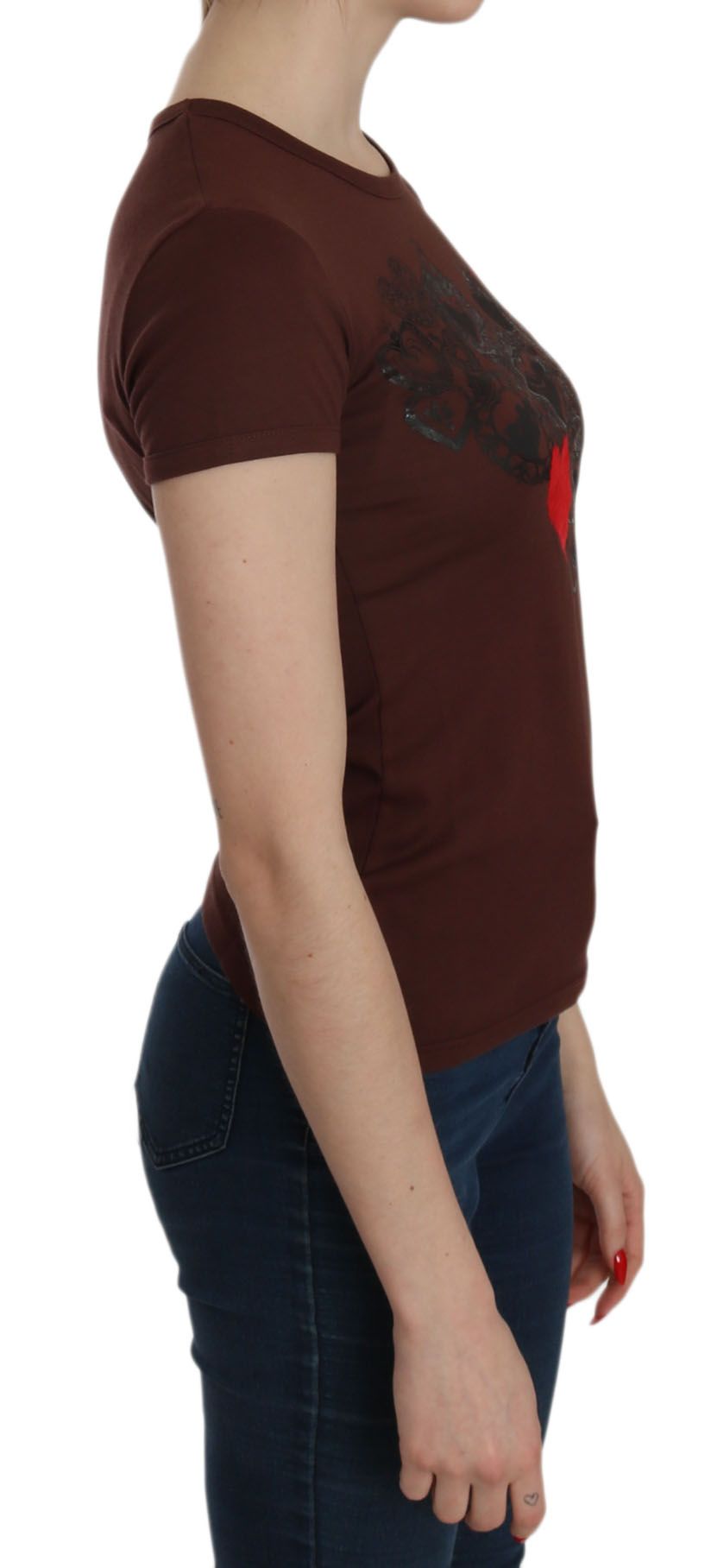 Exte Brown Heart Print Crew Neck T-shirt Short Sleeve Women's Blouse