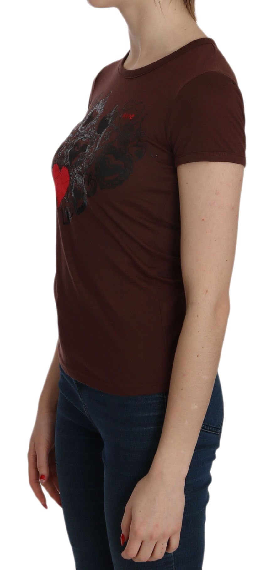 Exte Brown Heart Print Crew Neck T-shirt Short Sleeve Women's Blouse