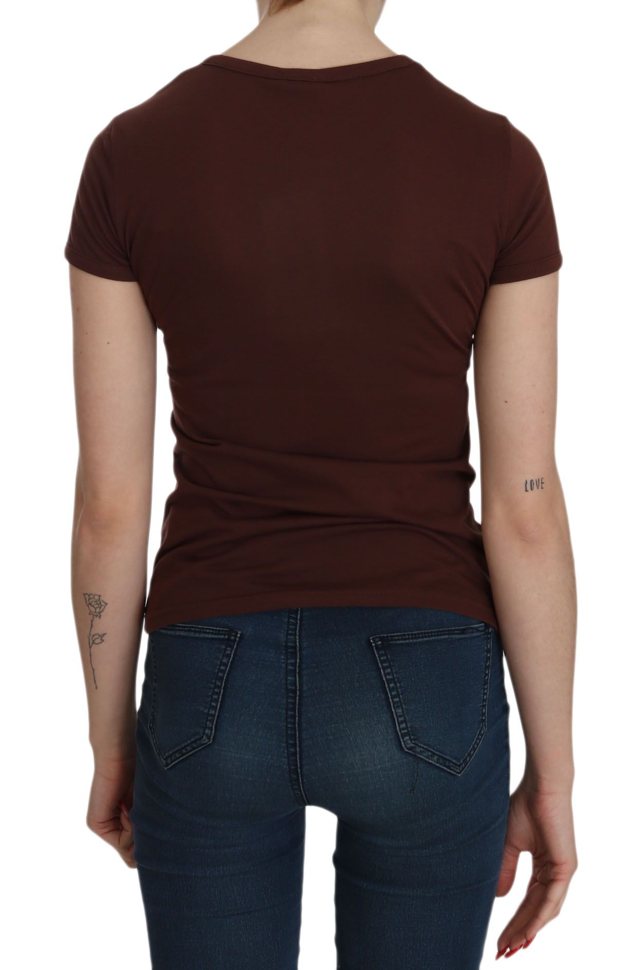 Exte Brown Heart Print Crew Neck T-shirt Short Sleeve Women's Blouse