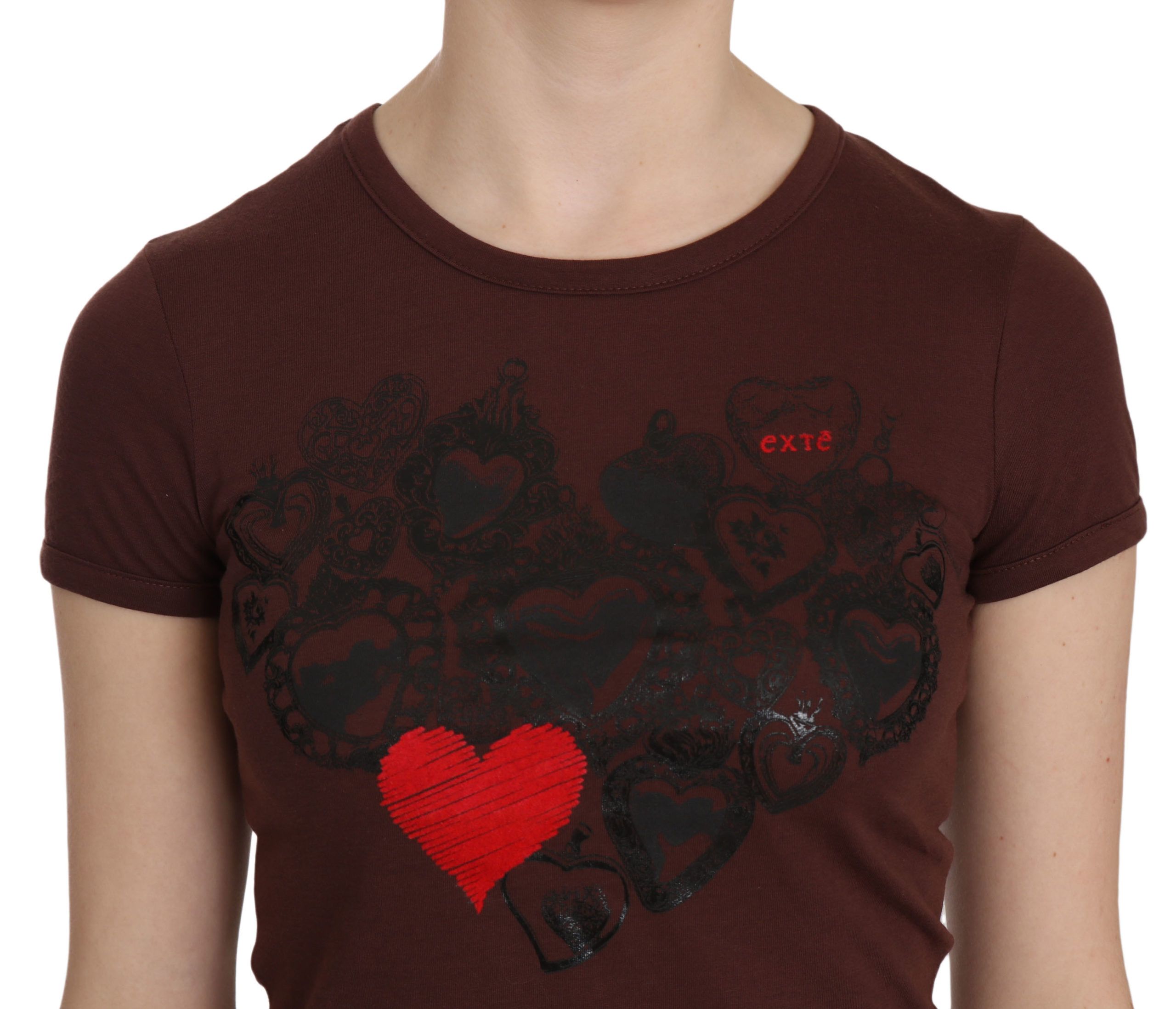 Exte Brown Heart Print Crew Neck T-shirt Short Sleeve Women's Blouse