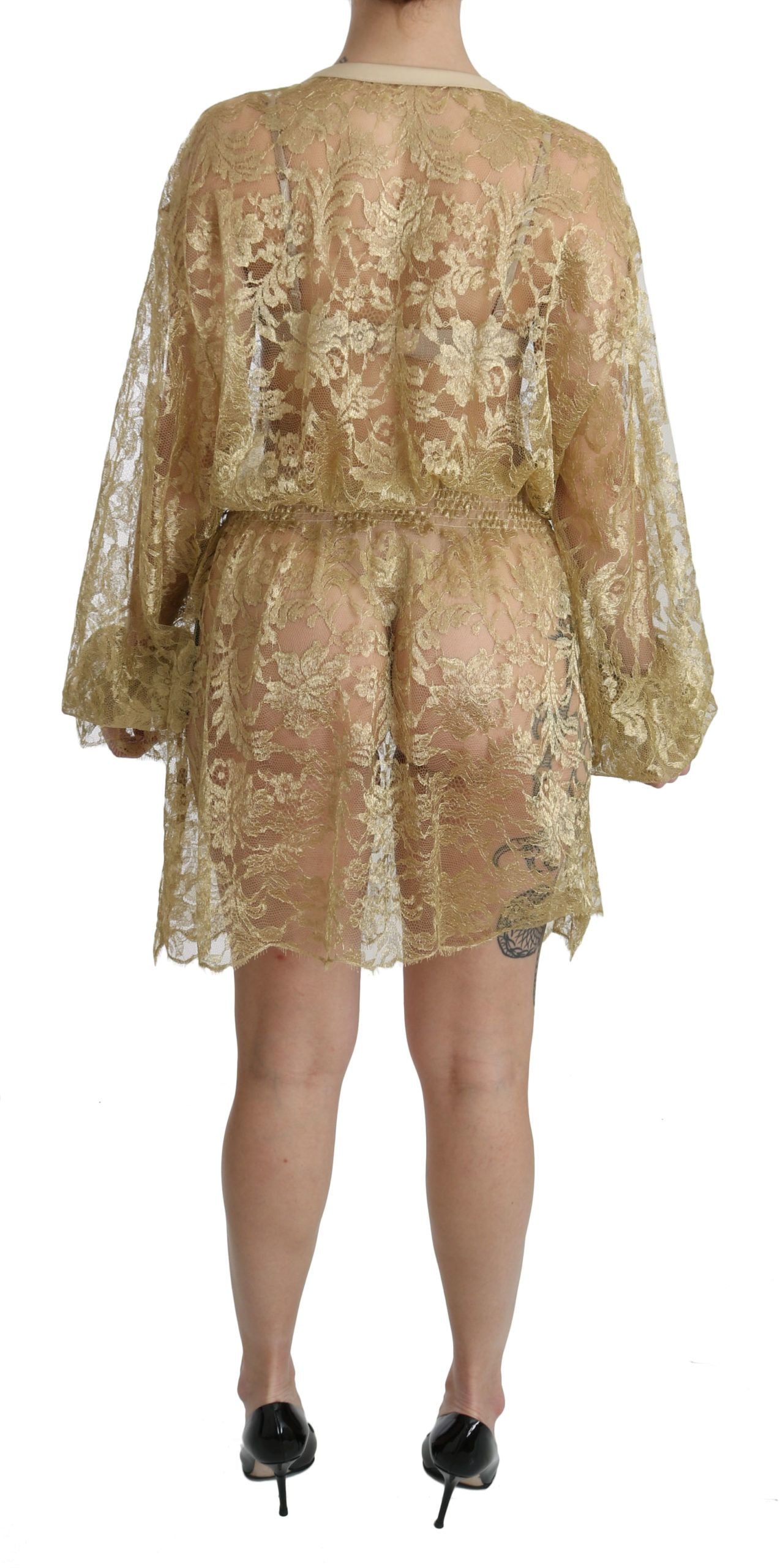Dolce & Gabbana Gold Lace See Through A-Line Knee Length Women's Dress